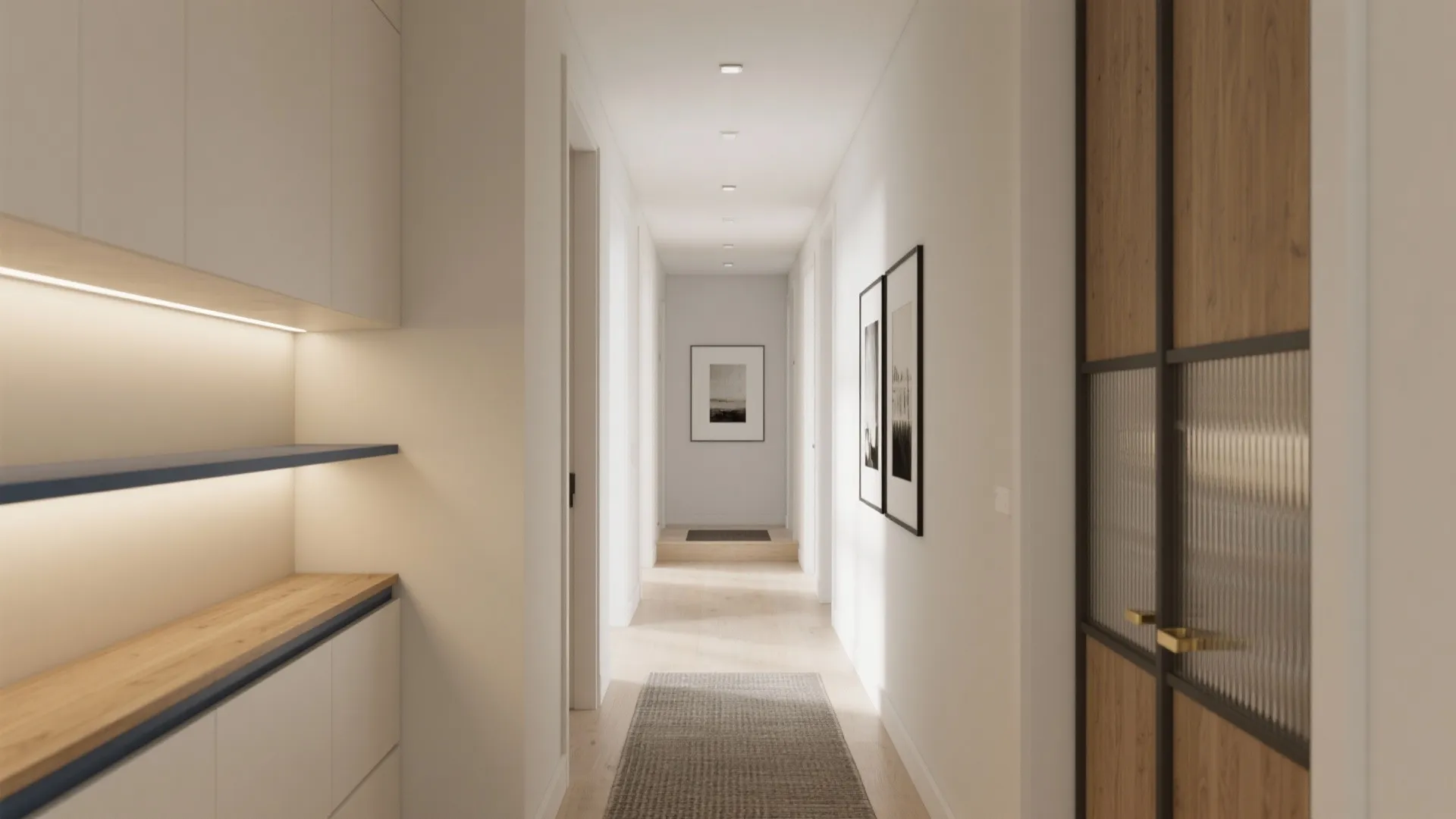 Modern white narrow hallway interior design with wooden cabinets grey rug and minimalist ceiling lights