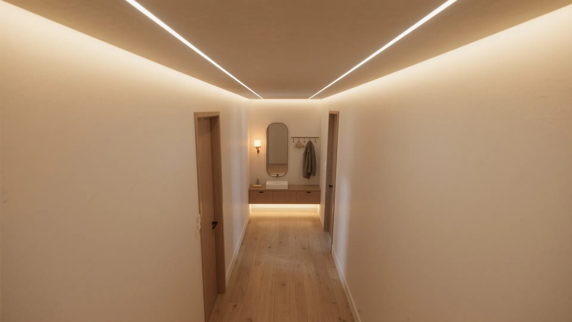 Narrow hallway featuring bright ceiling light strips wooden floor and a small vanity with mirror