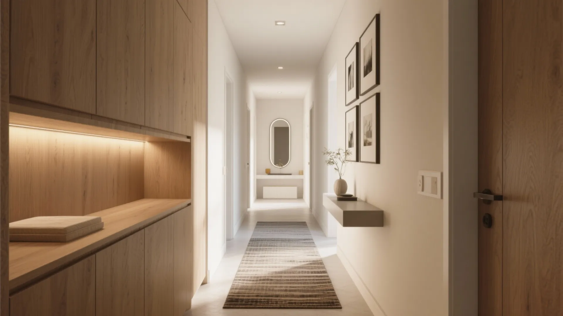 Bright narrow hallway featuring wooden storage cabinets a striped rug and mirror at the end