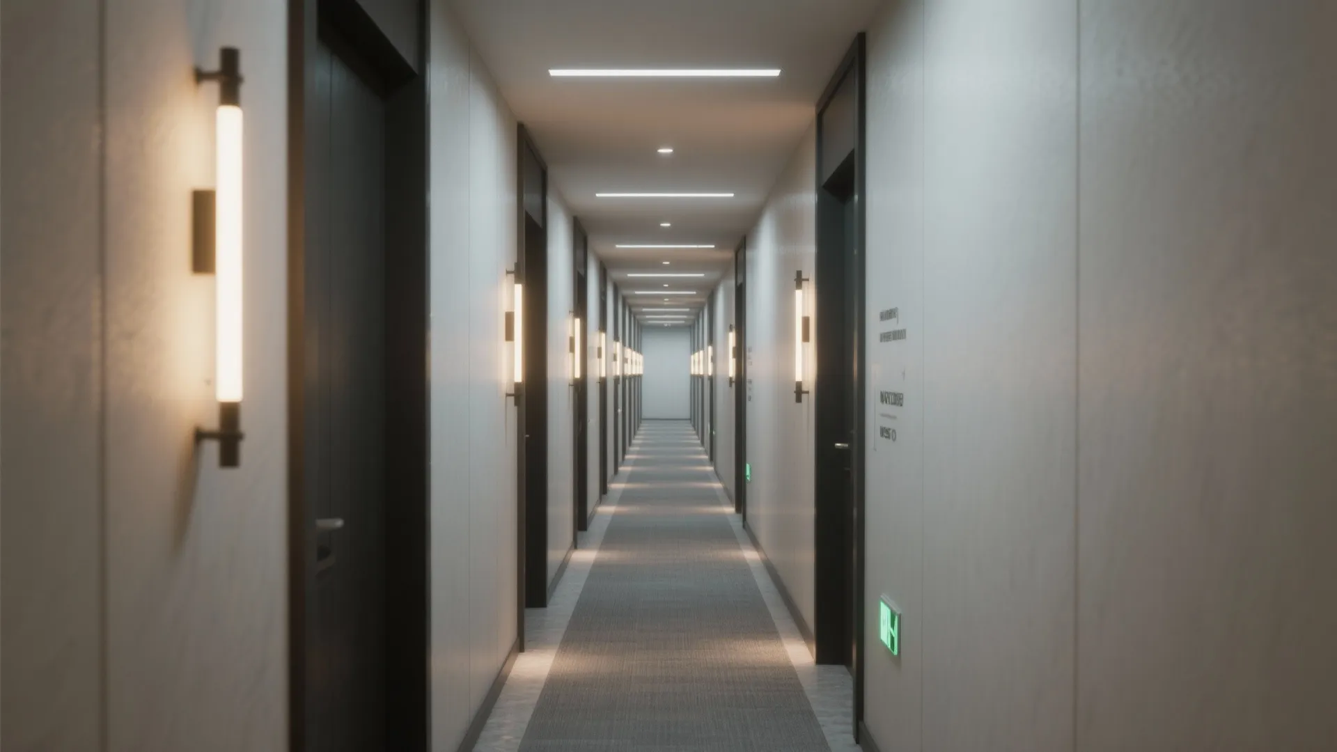 Modern narrow hallway design with bright wall lights wooden flooring and clean white apartment walls
