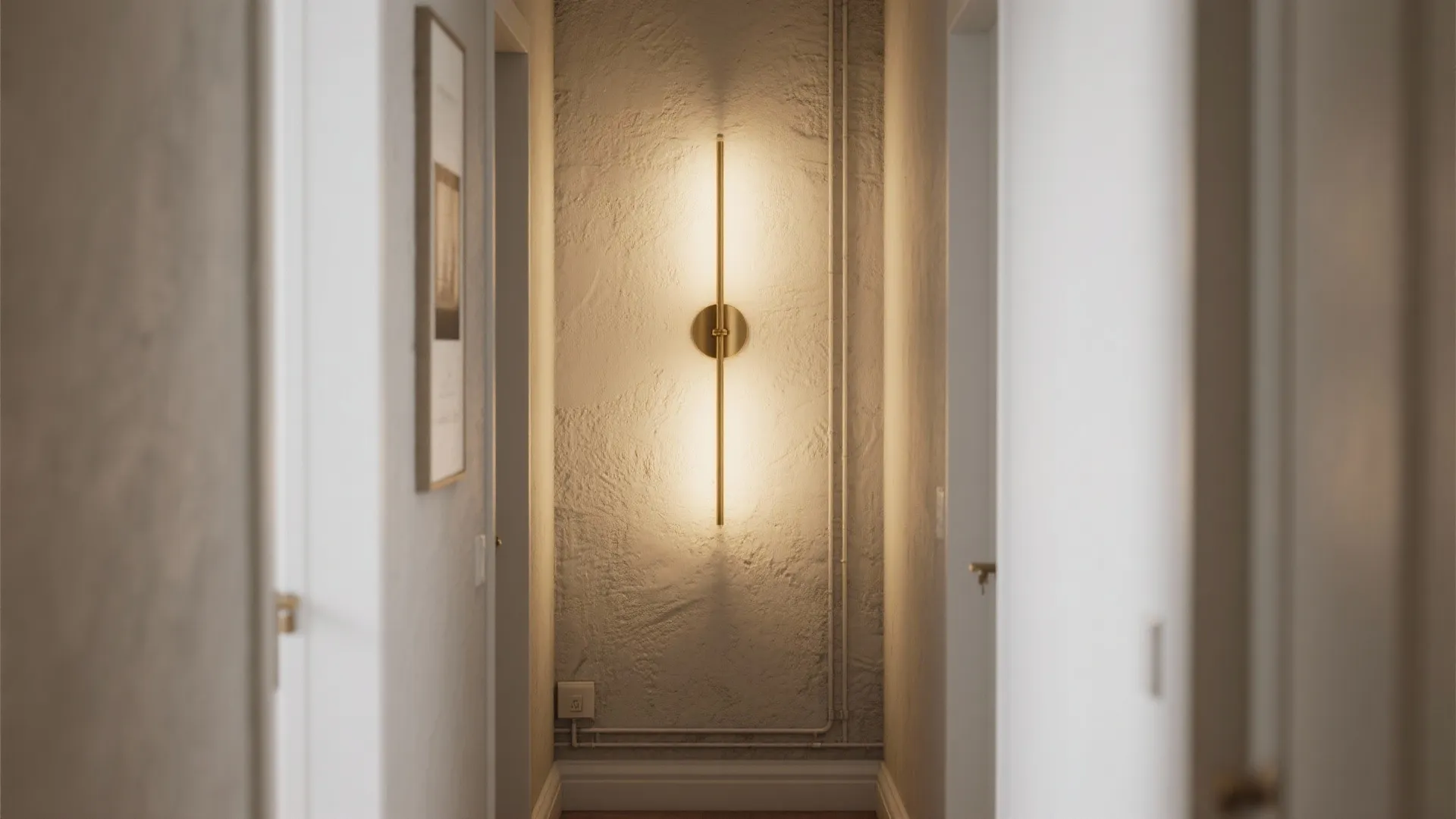 Minimalist gold wall light installed in a narrow hallway with white walls and warm lighting