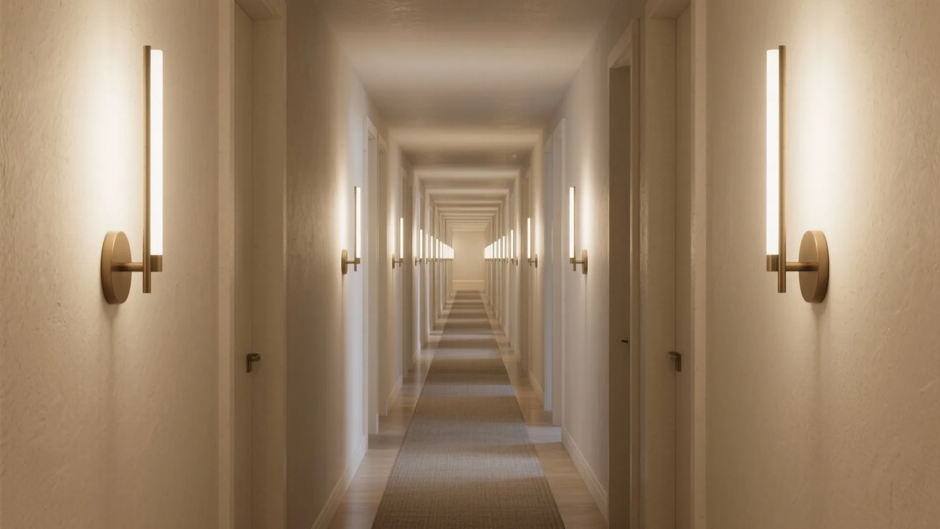 Long narrow hallway with white walls multiple gold wall light fixtures and a grey carpet
