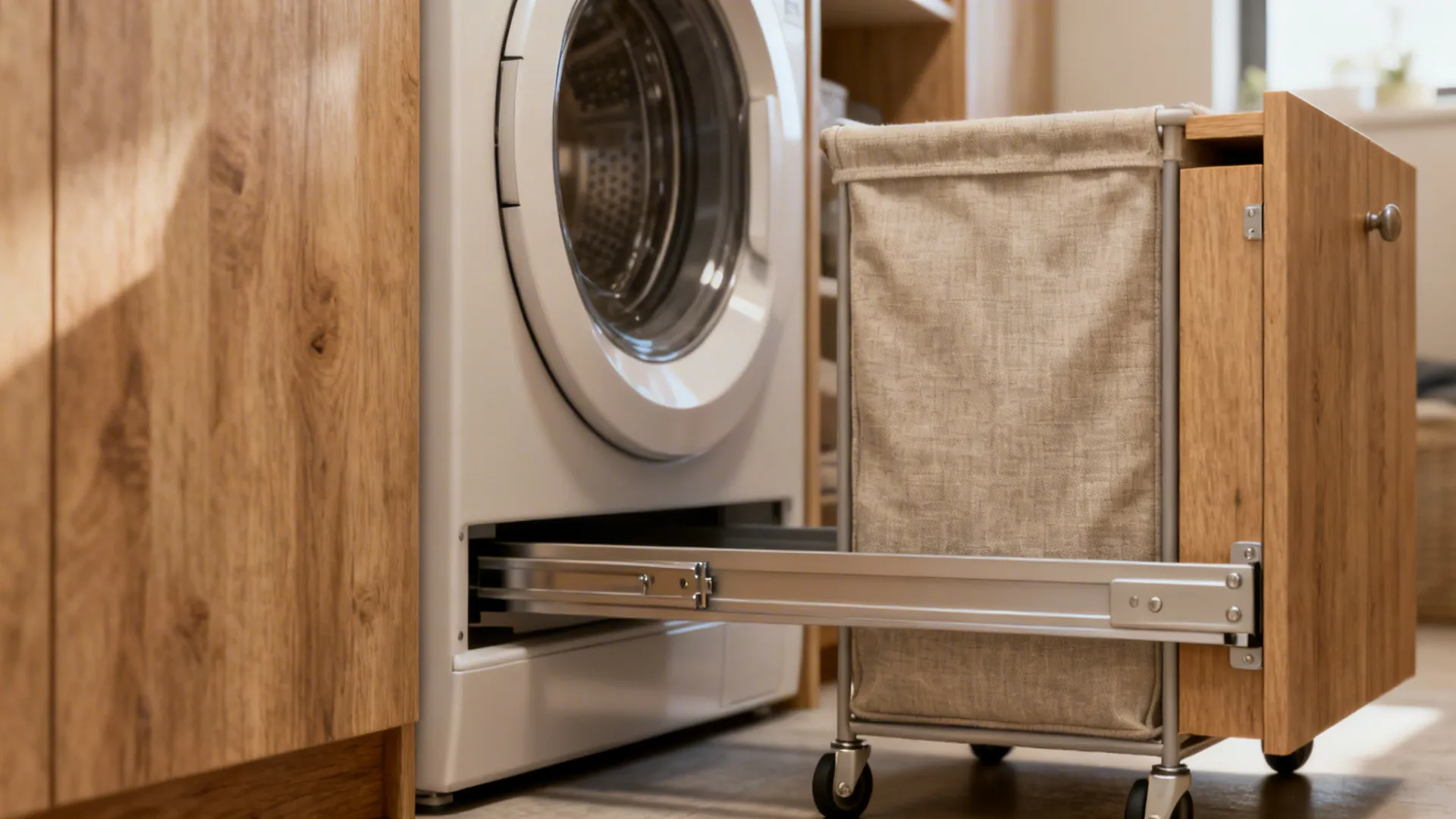Slim pull-out hamper cabinet next to a top-load washer in a tight laundry closet.