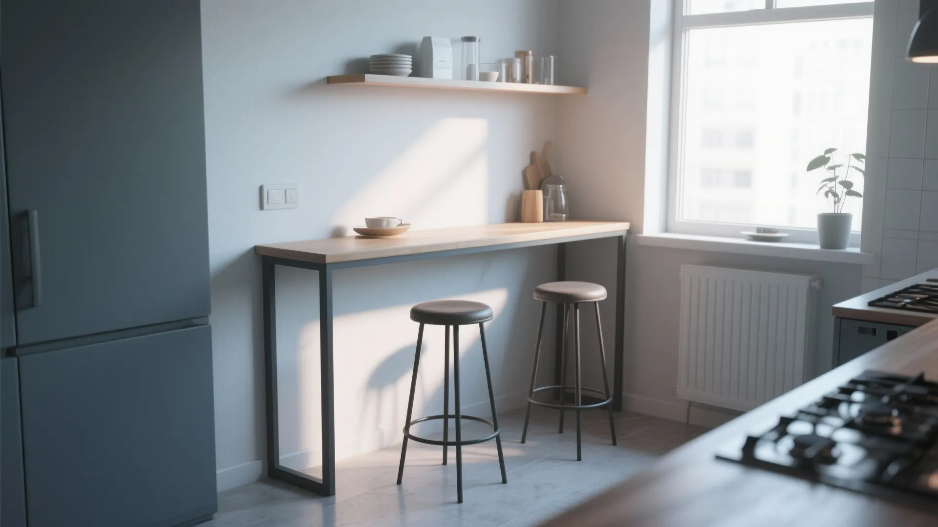 8. Narrow High Table with Stools