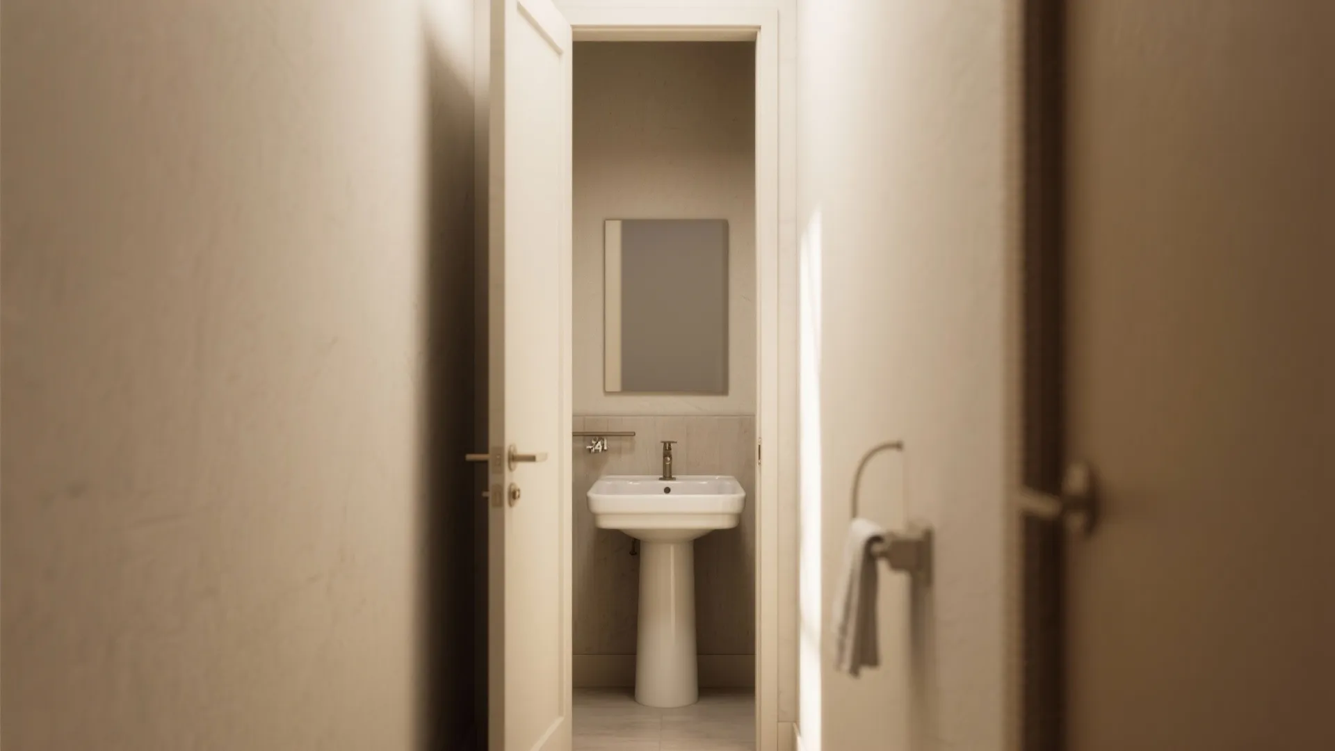 Tight powder room with a narrow 24-inch door illustrating reduced clearance.