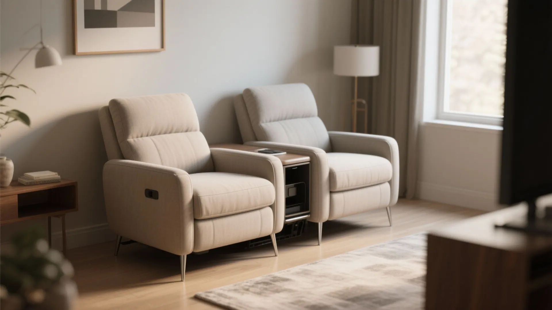 Slim-profile two-seat wall-hugger recliner in a small living room with raised legs and open sightlines.