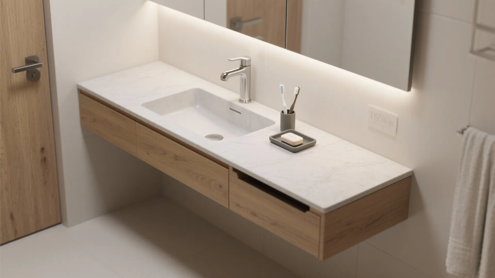 Integrated countertop basins with narrow vanities