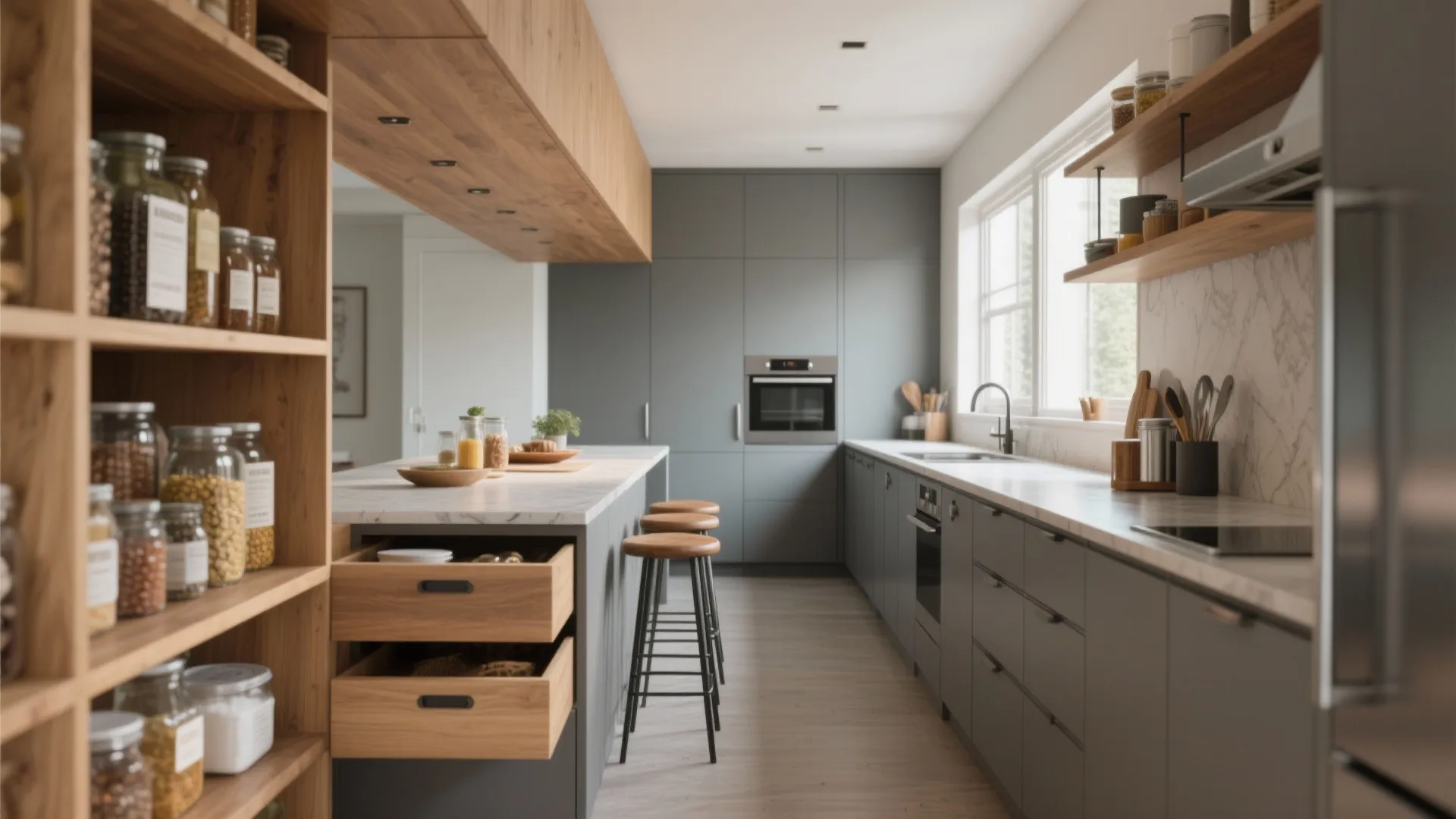 Modern kitchen with grey cabinets marble countertops wooden breakfast bar stools and jars on open shelves