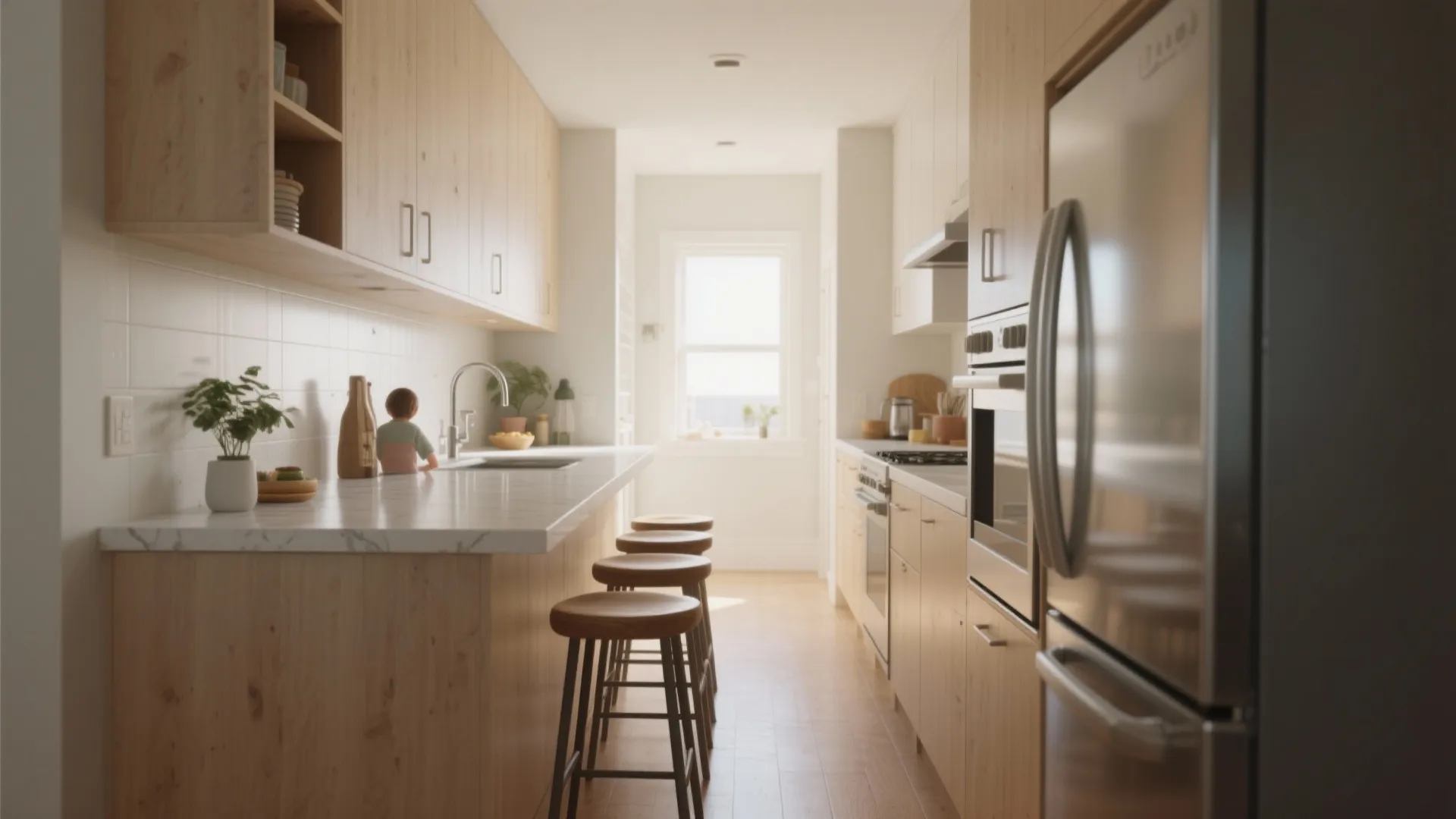 Narrow kitchen layout with wooden cabinets marble countertop breakfast bar stools and stainless steel fridge