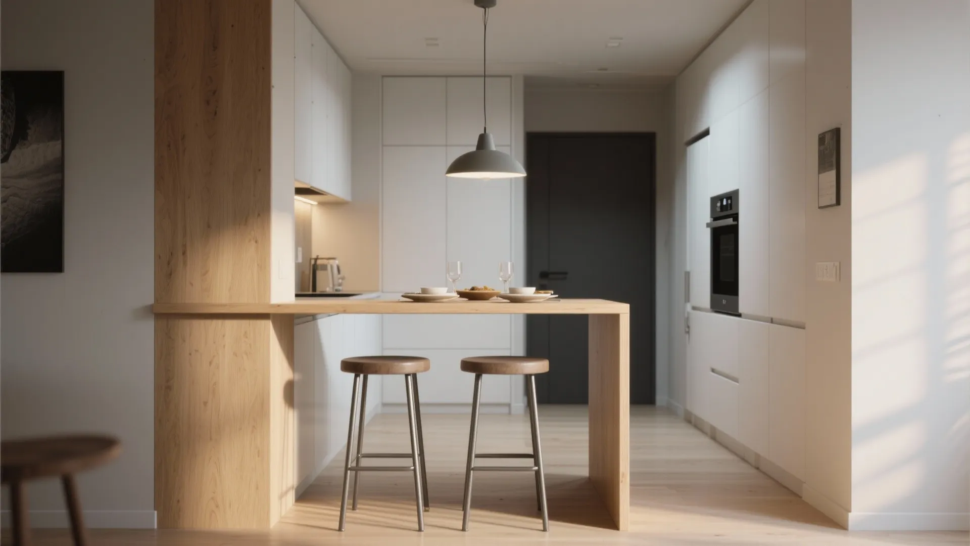 Slim kitchen island serving as prep and dining surface with two stools and clear circulation space.