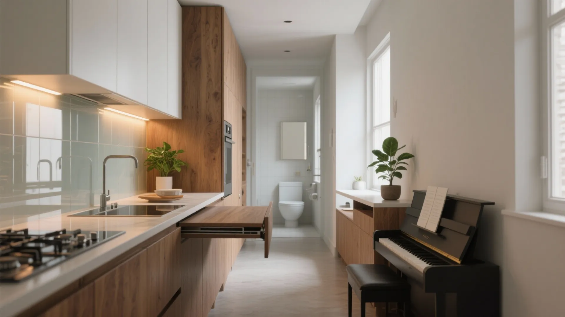 Modern narrow kitchen with wood cabinets a pull out table and a black piano nearby