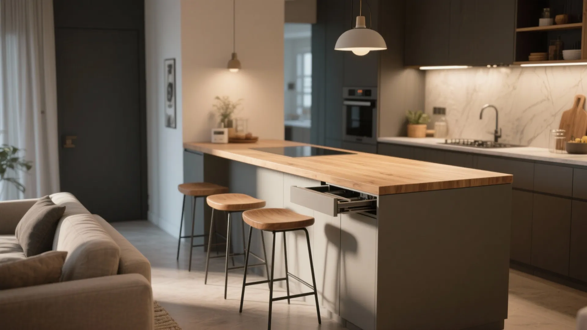 Modern kitchen with narrow wooden island stools ceiling light grey cabinets and open drawer design layout