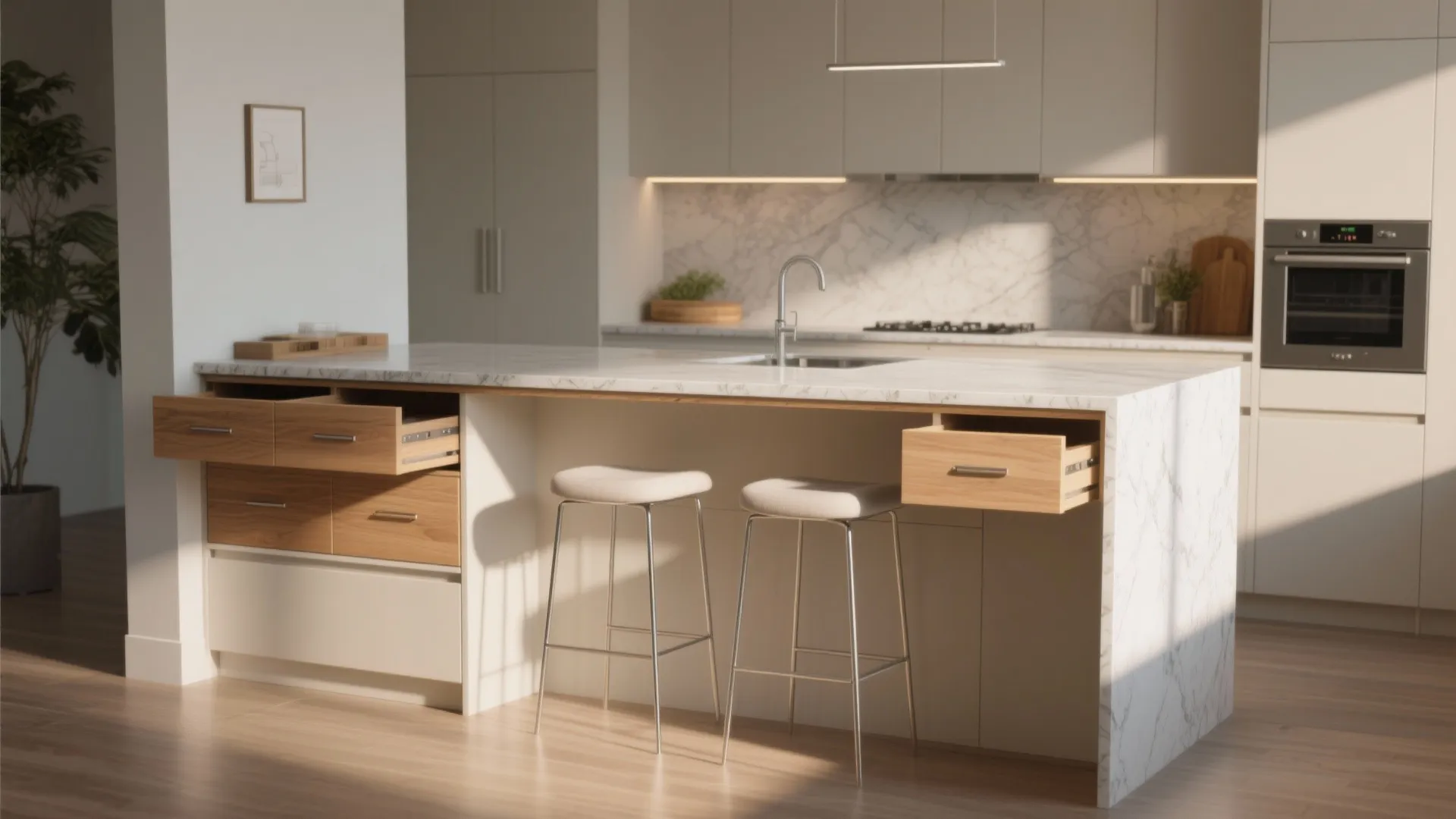 3. Narrow island or pass-through counter for prep and dining