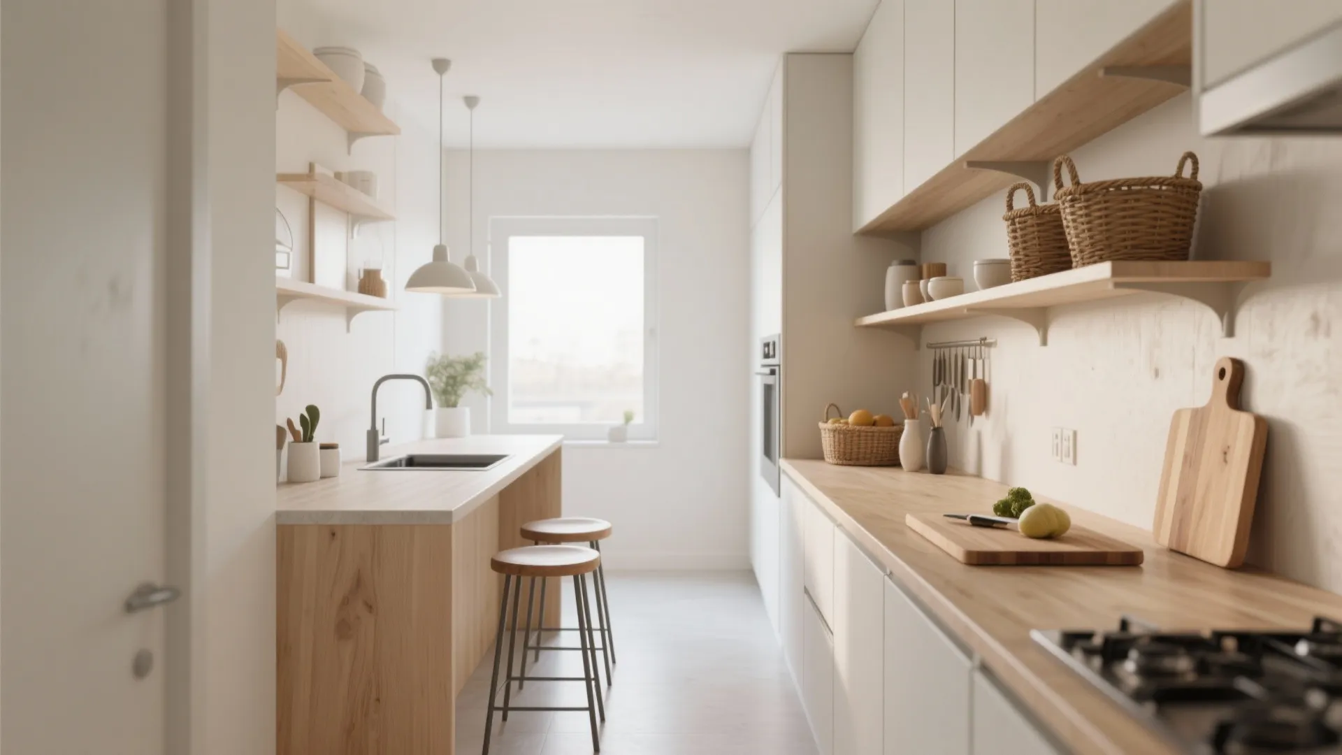 Narrow multipurpose kitchen island with open shelving and seating for two in a compact layout.