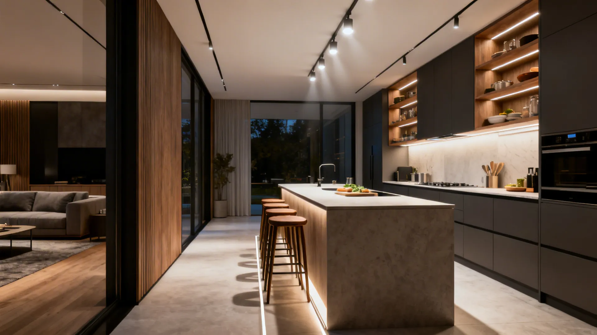 Narrow kitchen island with open shelving defining the kitchen zone in an open-plan layout