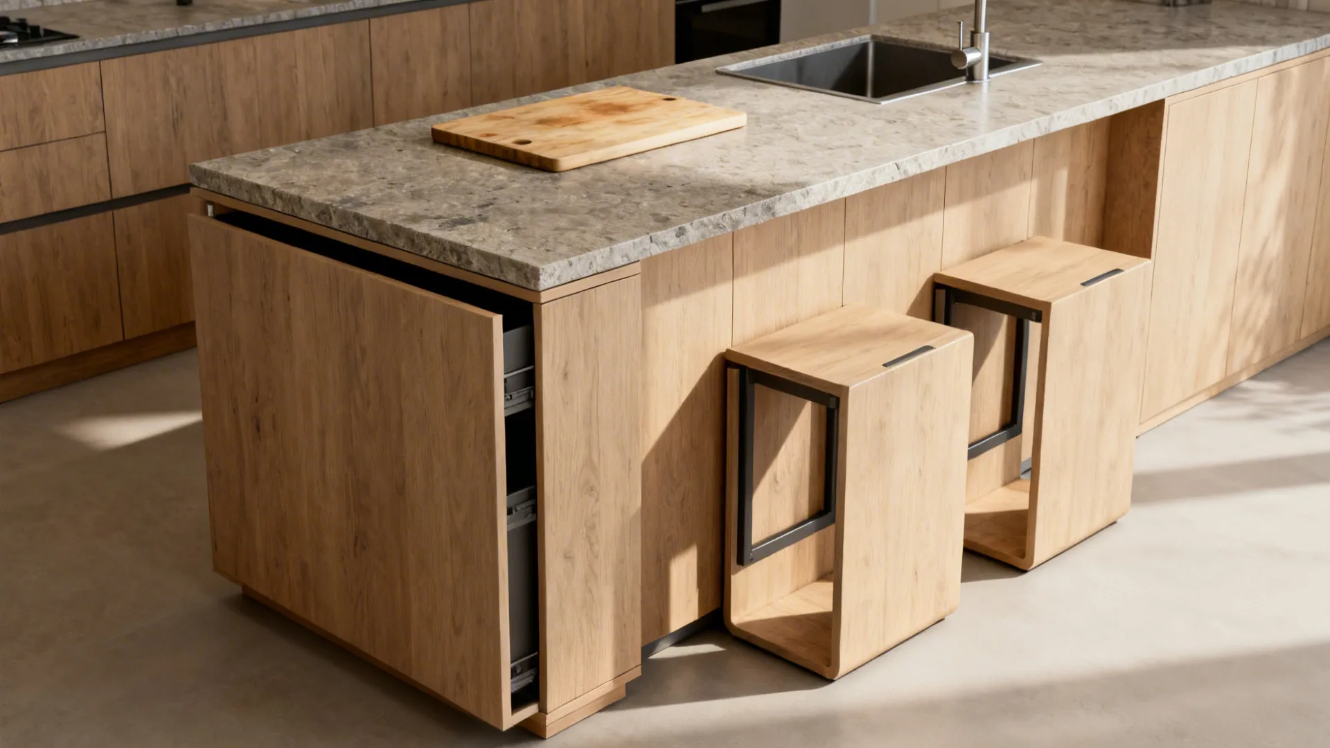 Narrow kitchen island with stools and storage in a small kitchen, keeping clear aisles