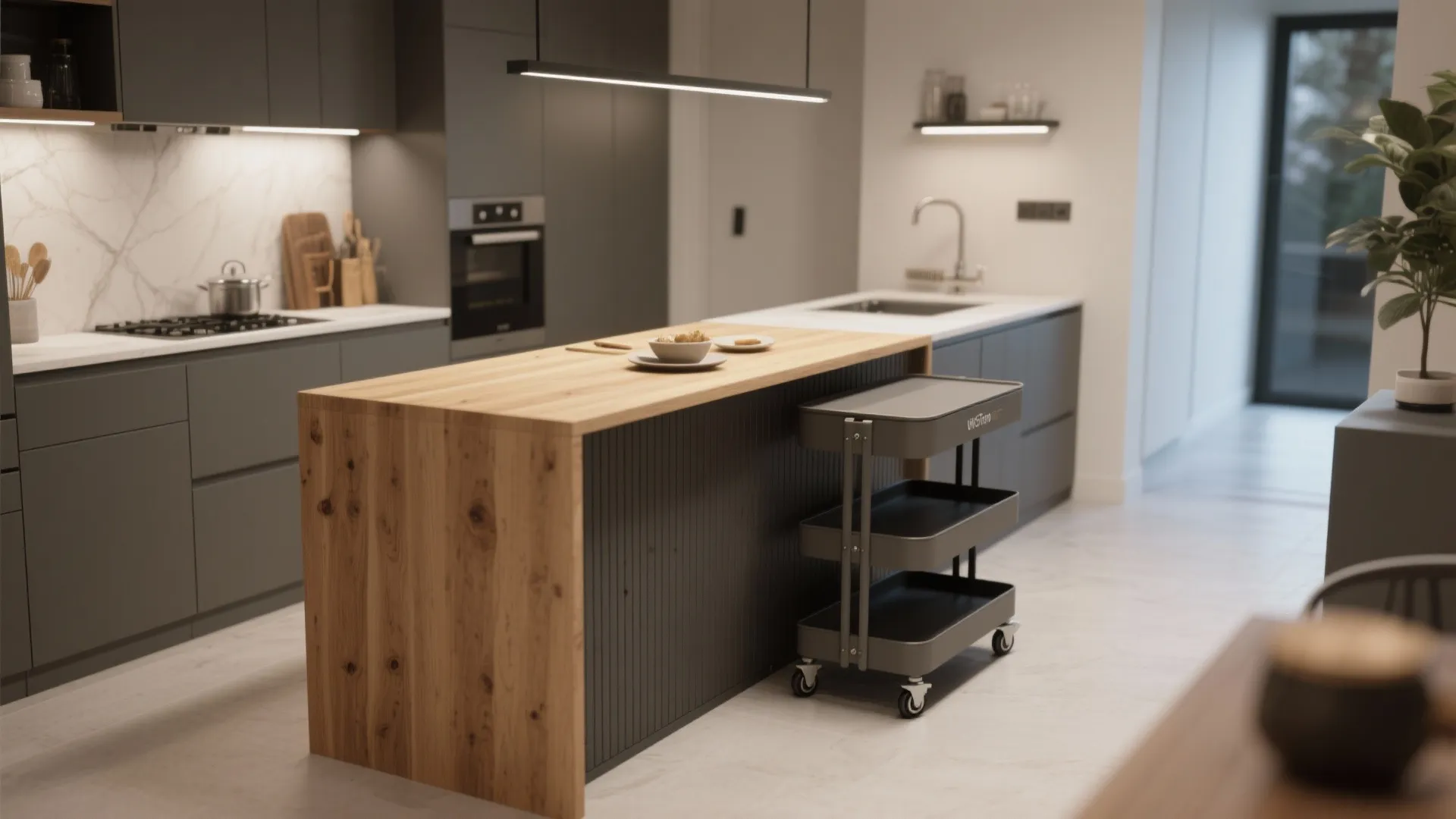 Modern kitchen with wood island table and a black rolling storage cart on wheels nearby