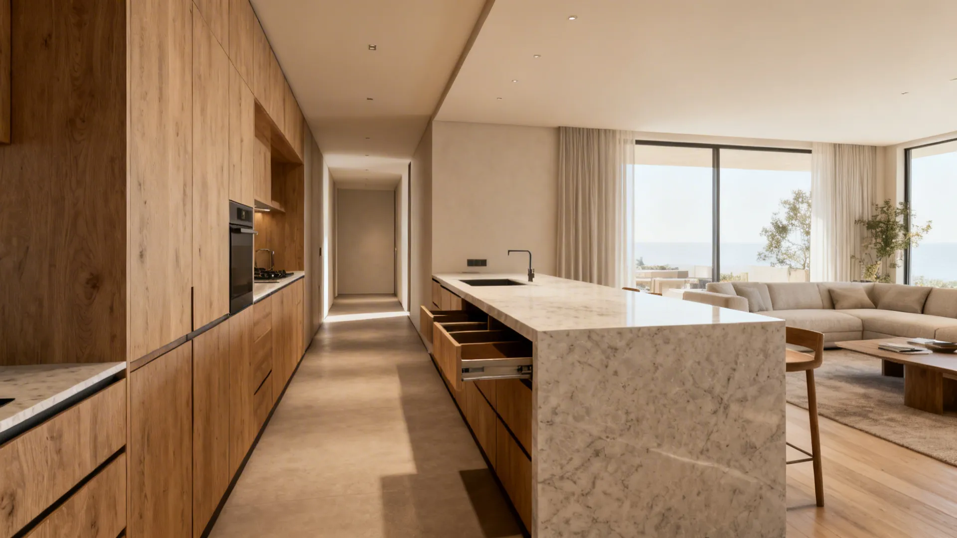 Narrow island with overhang seating and pull-out cabinets preserving walkways in an L-shaped kitchen