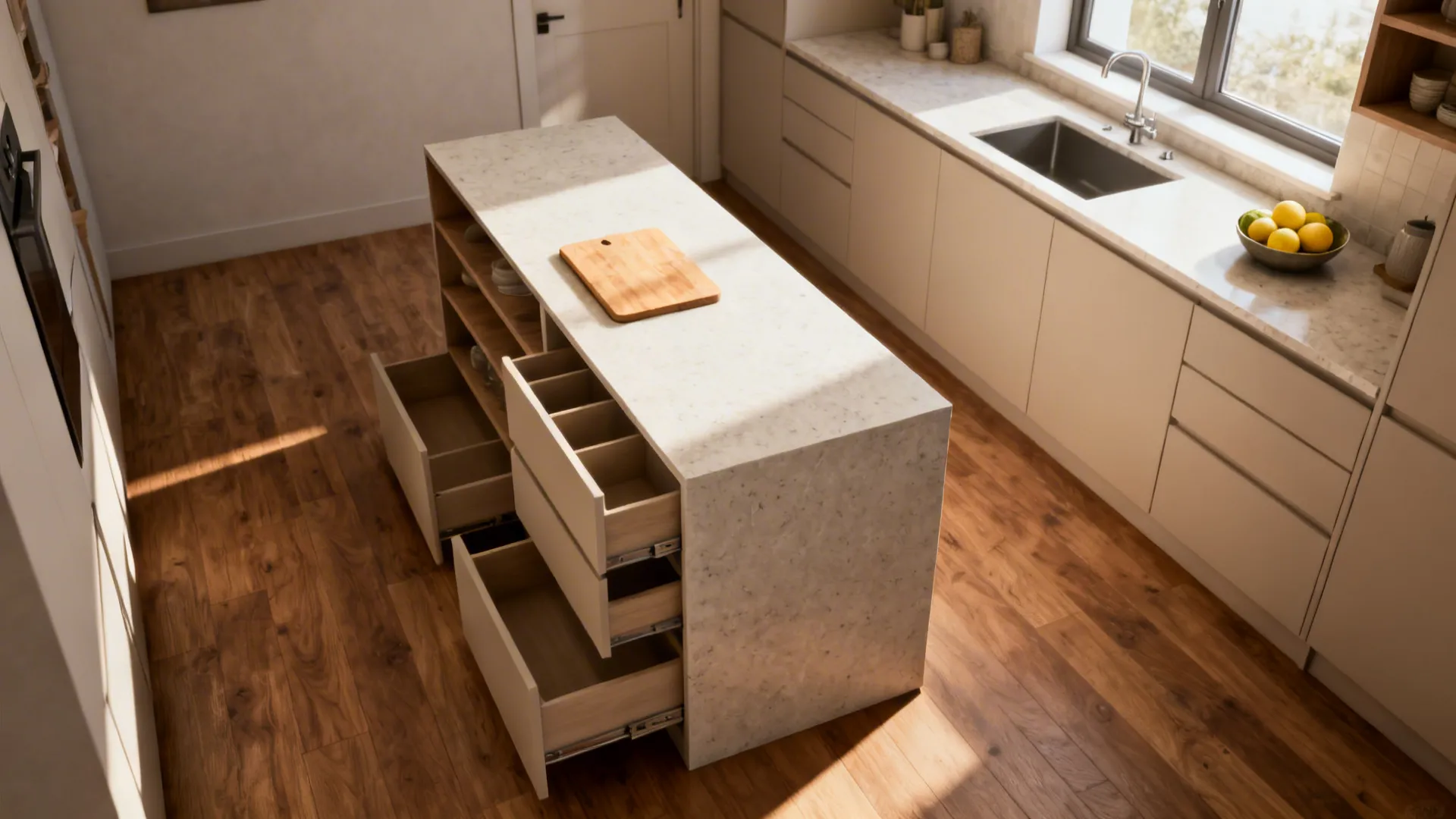Narrow marble kitchen island with open drawers for storage beside white cabinets and a sink