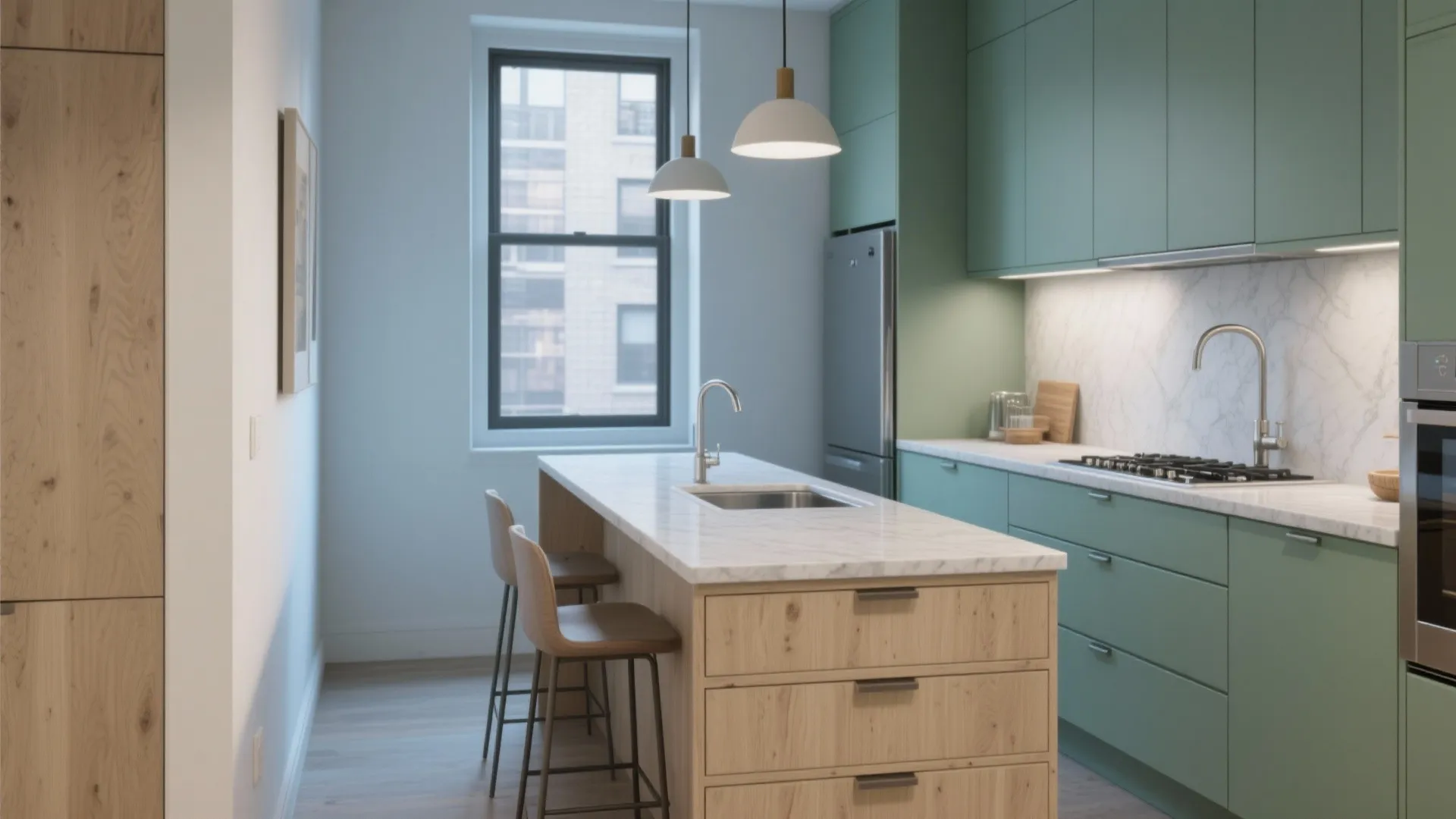 Modern kitchen with green cabinets, wooden island, marble countertop, stools, and white hanging ceiling lights