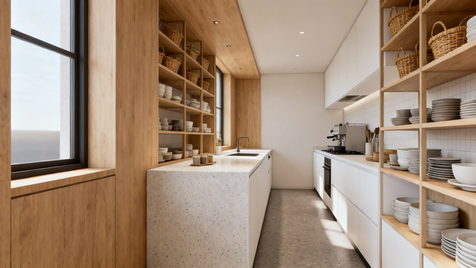 Galley kitchen with a slim rectangular island featuring open shelving and light wood finishes.