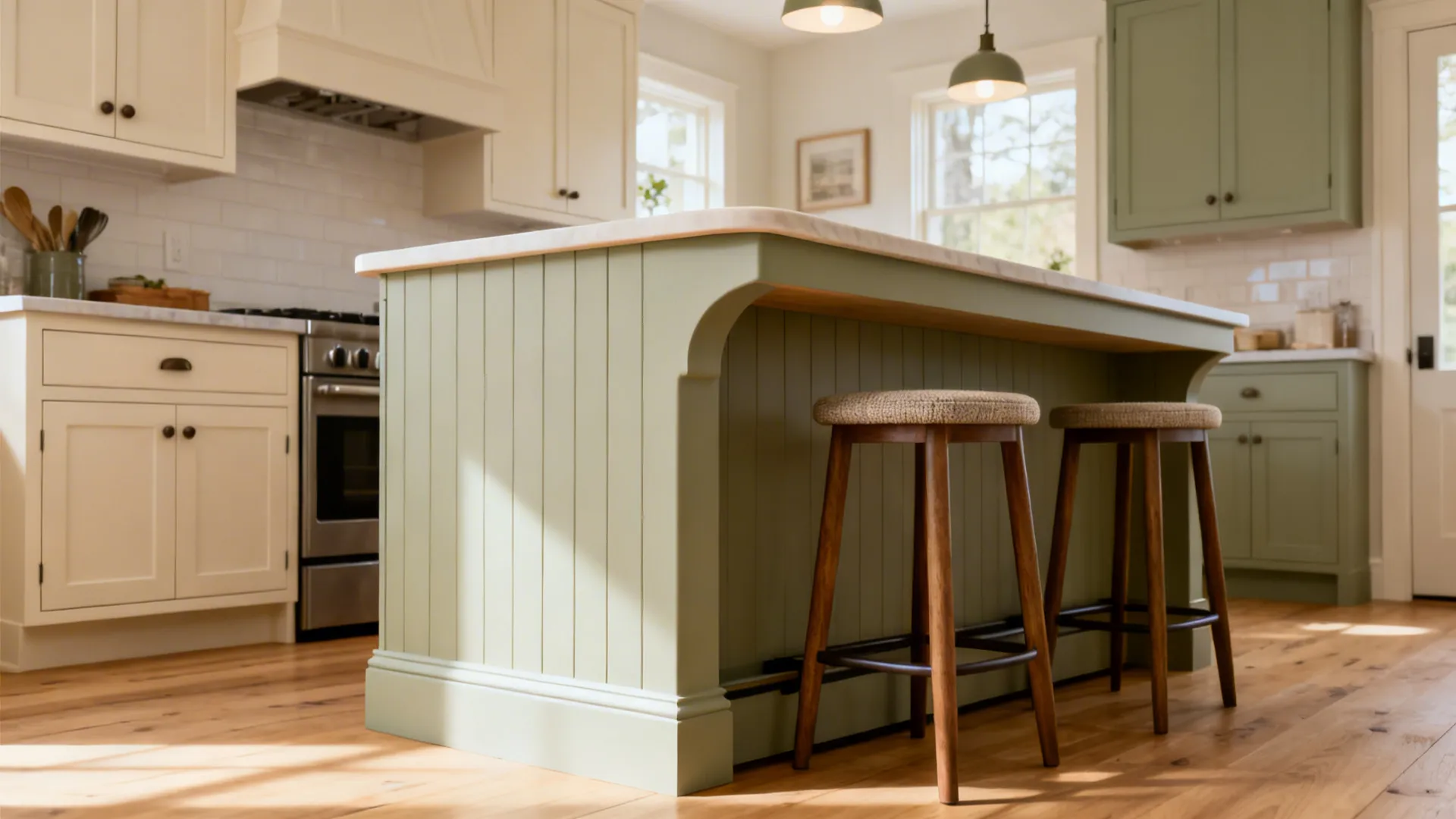 4) Narrow island with integrated seating for two