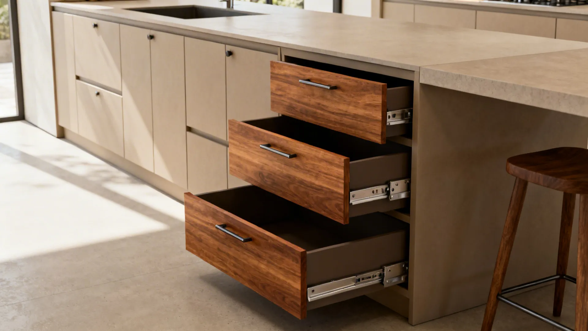 Narrow island with deep drawers and an overhang for seating showing soft-close hardware.