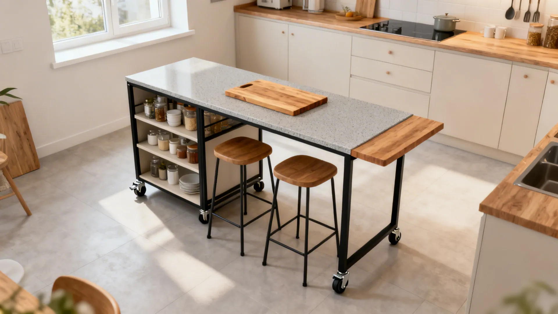 Modern kitchen island on wheels with marble top wooden extension two stools and storage shelves