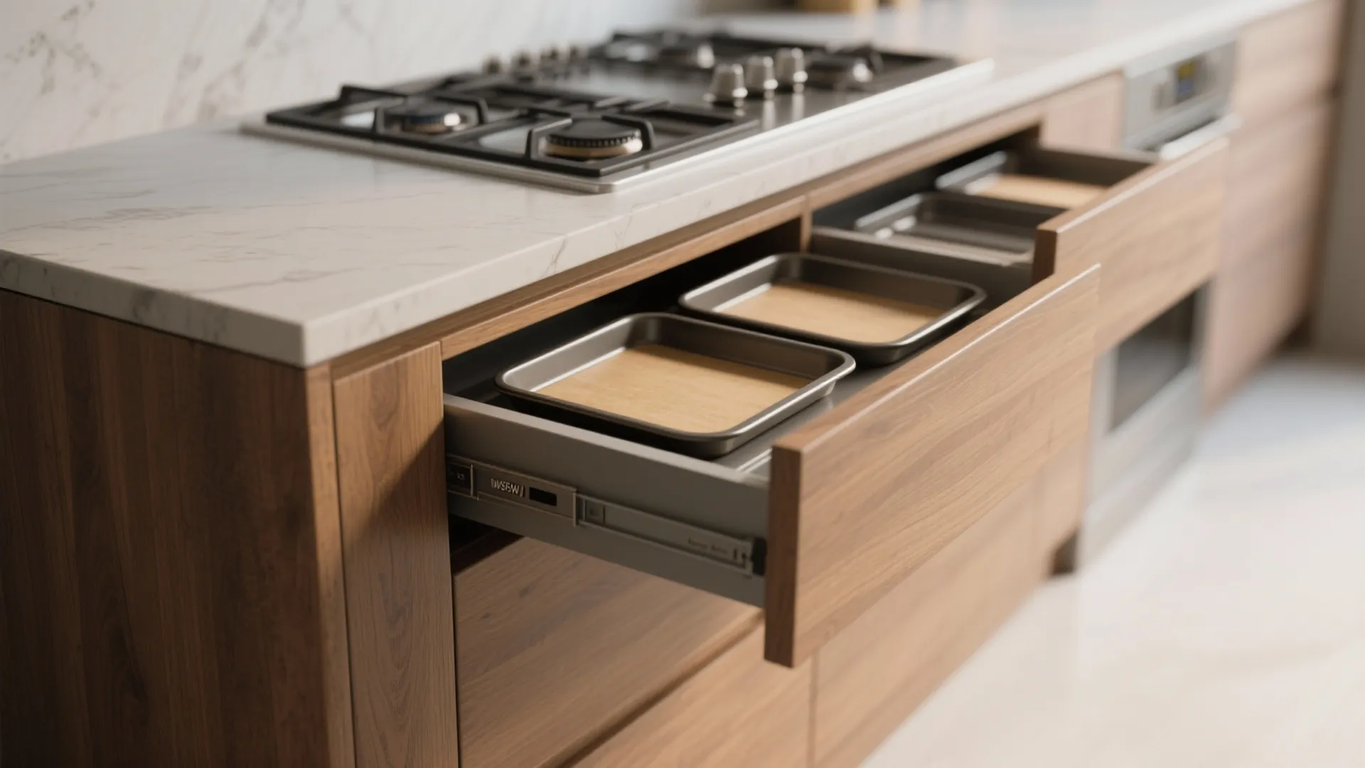 3. Narrow island with toe-kick storage and range