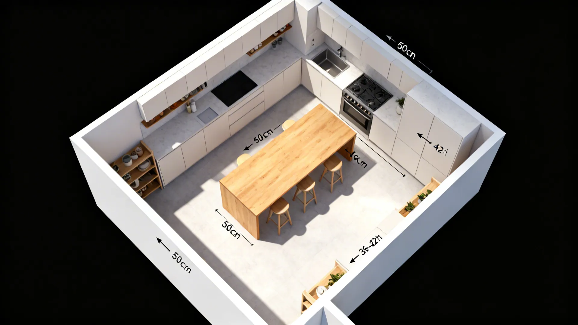 Interior design drawing of a white kitchen with wood island, wooden stools, and room measurements