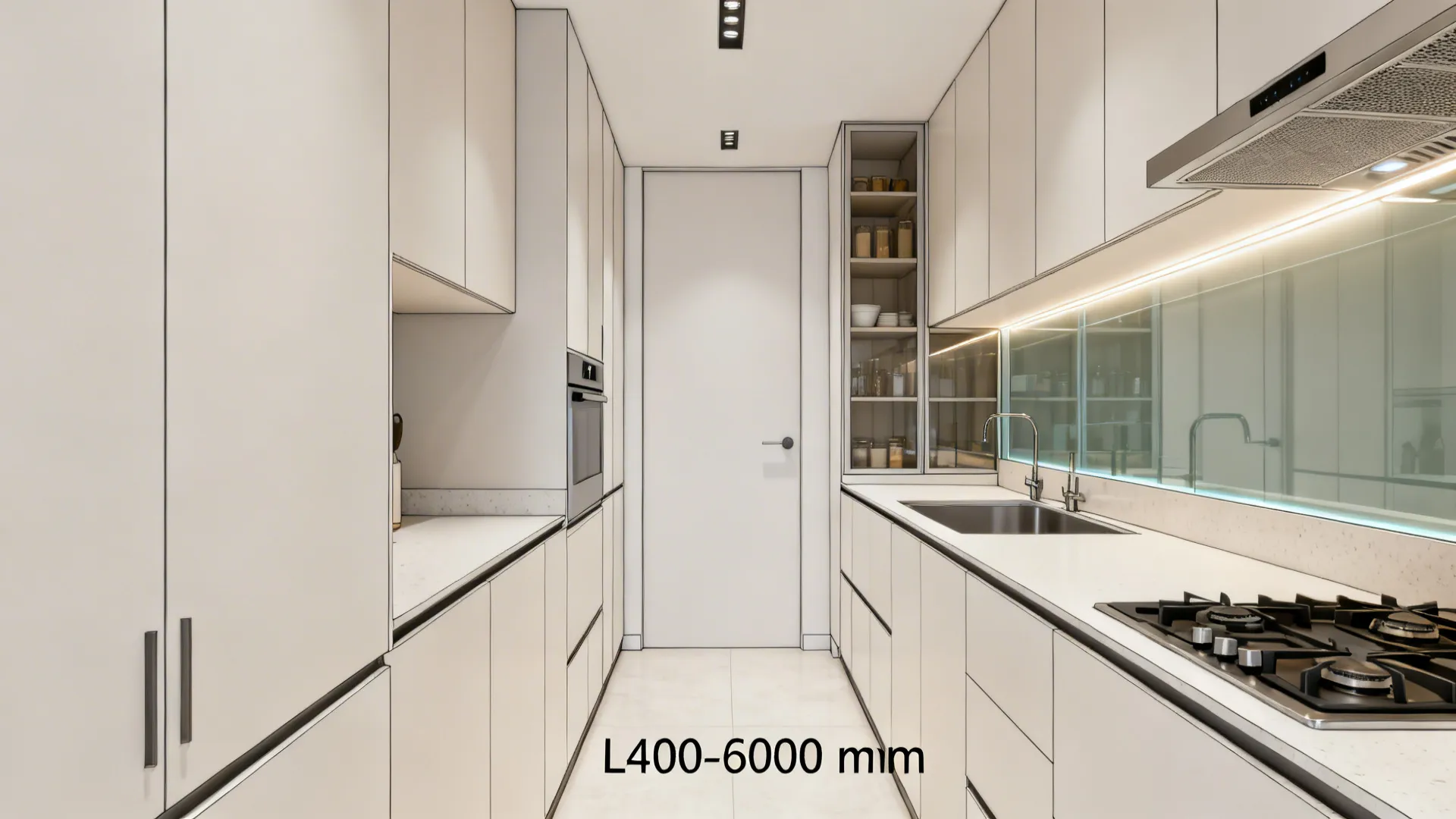Top-down view of narrow kitchen options with aisle width, pantry, and lighting zones.