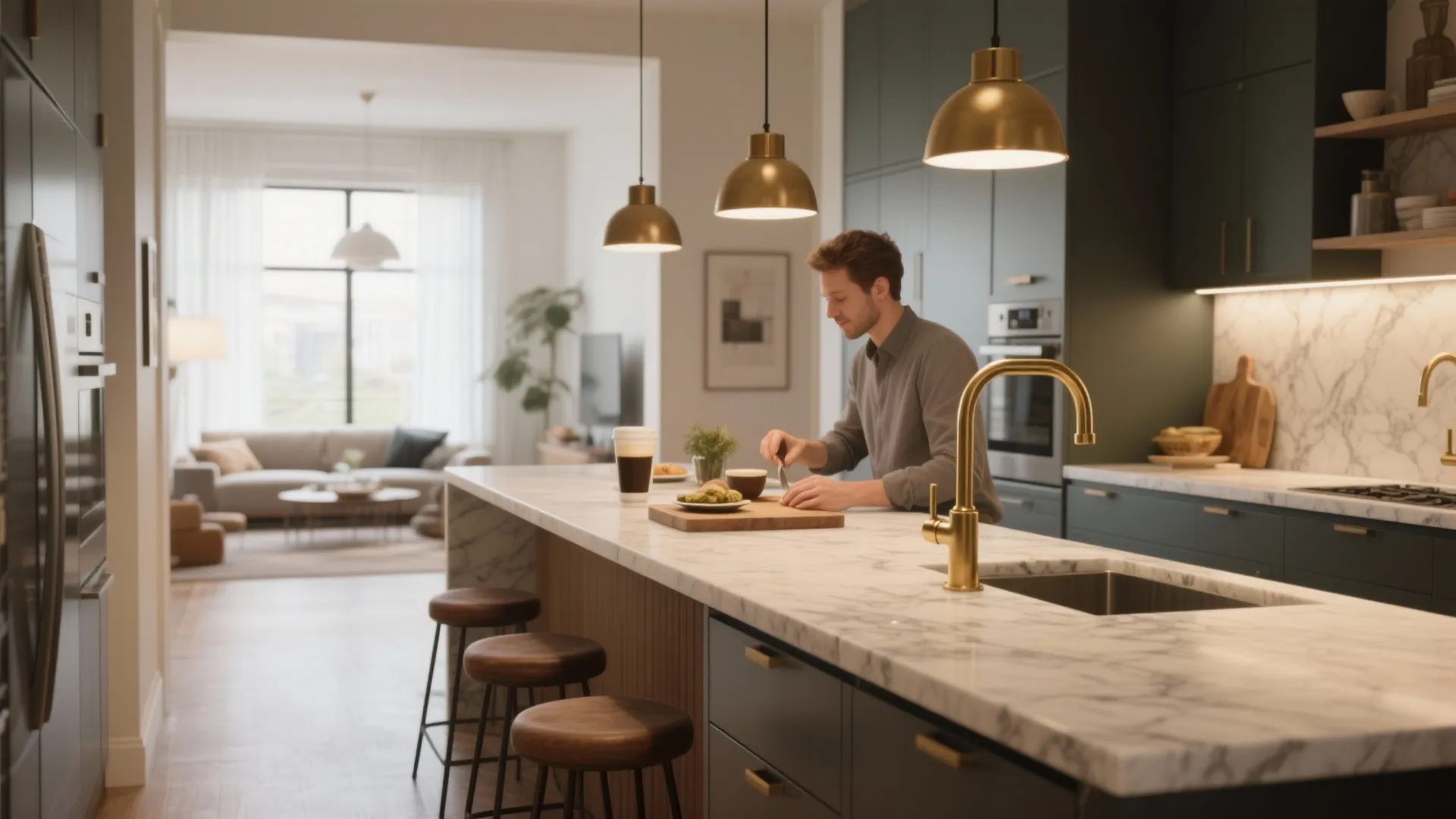 Narrow marble island in a small kitchen serving as a social counter with stools and brass accents.