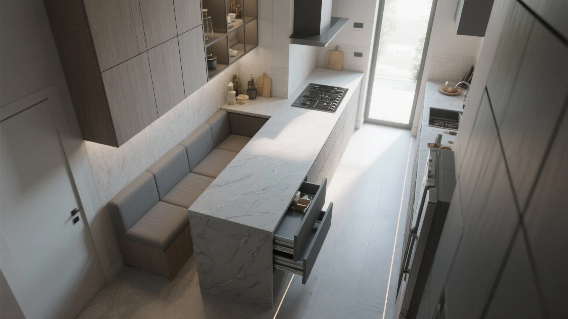 Top-down view of a narrow kitchen with a slim island, seating, and pull-out storage optimizing flow.