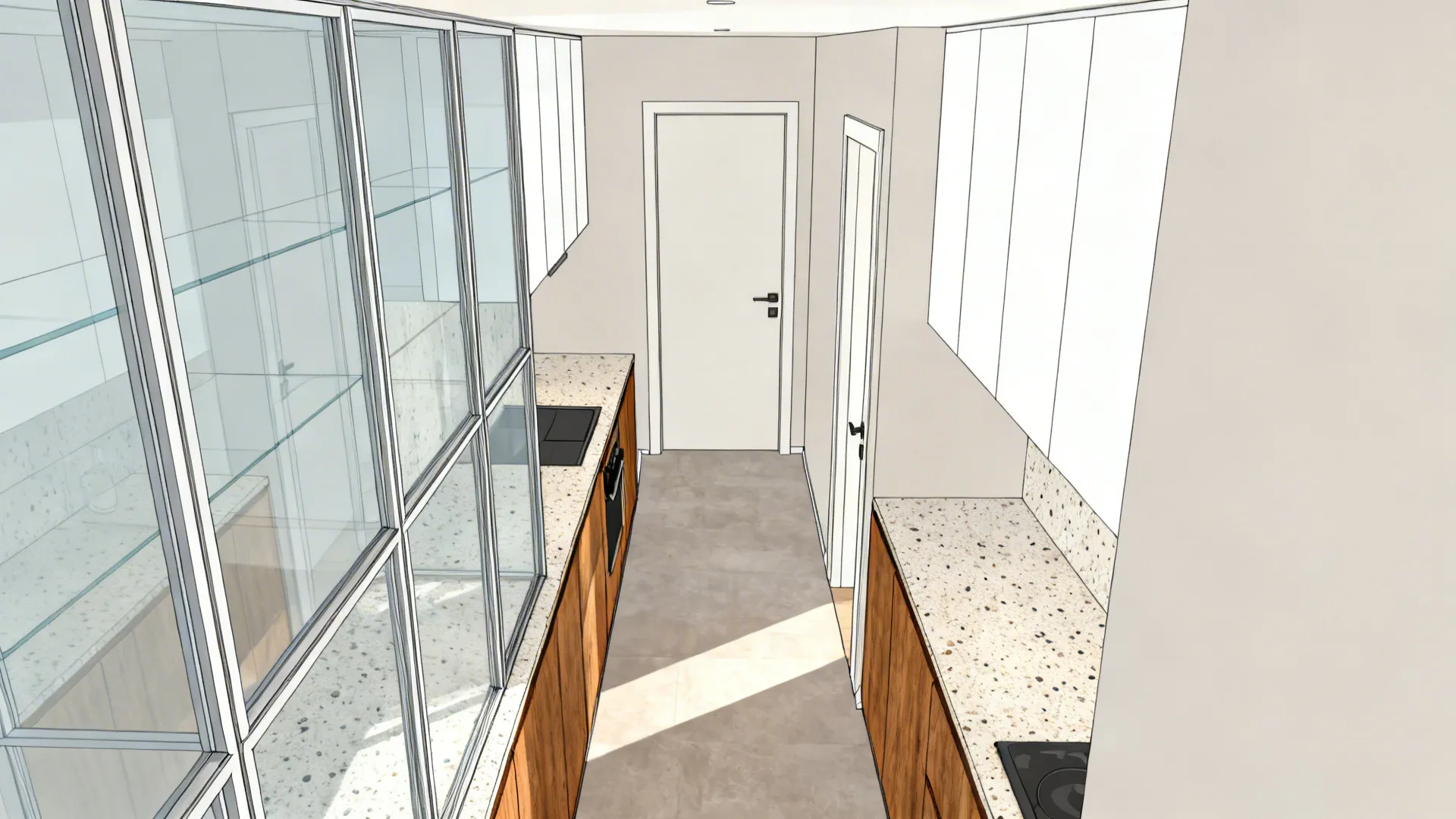 Top-down view of a narrow kitchen layout with clear glass doors and slim profiles.