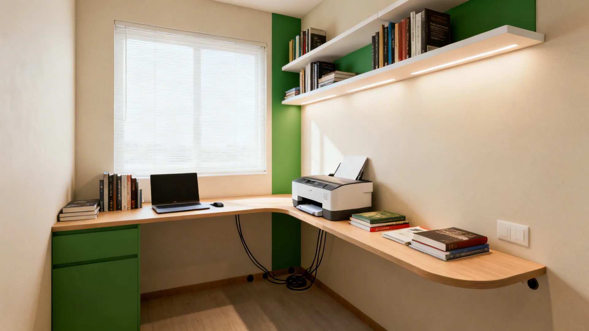 Narrow L-shaped corner desk with floating shelves and tidy cable routing.