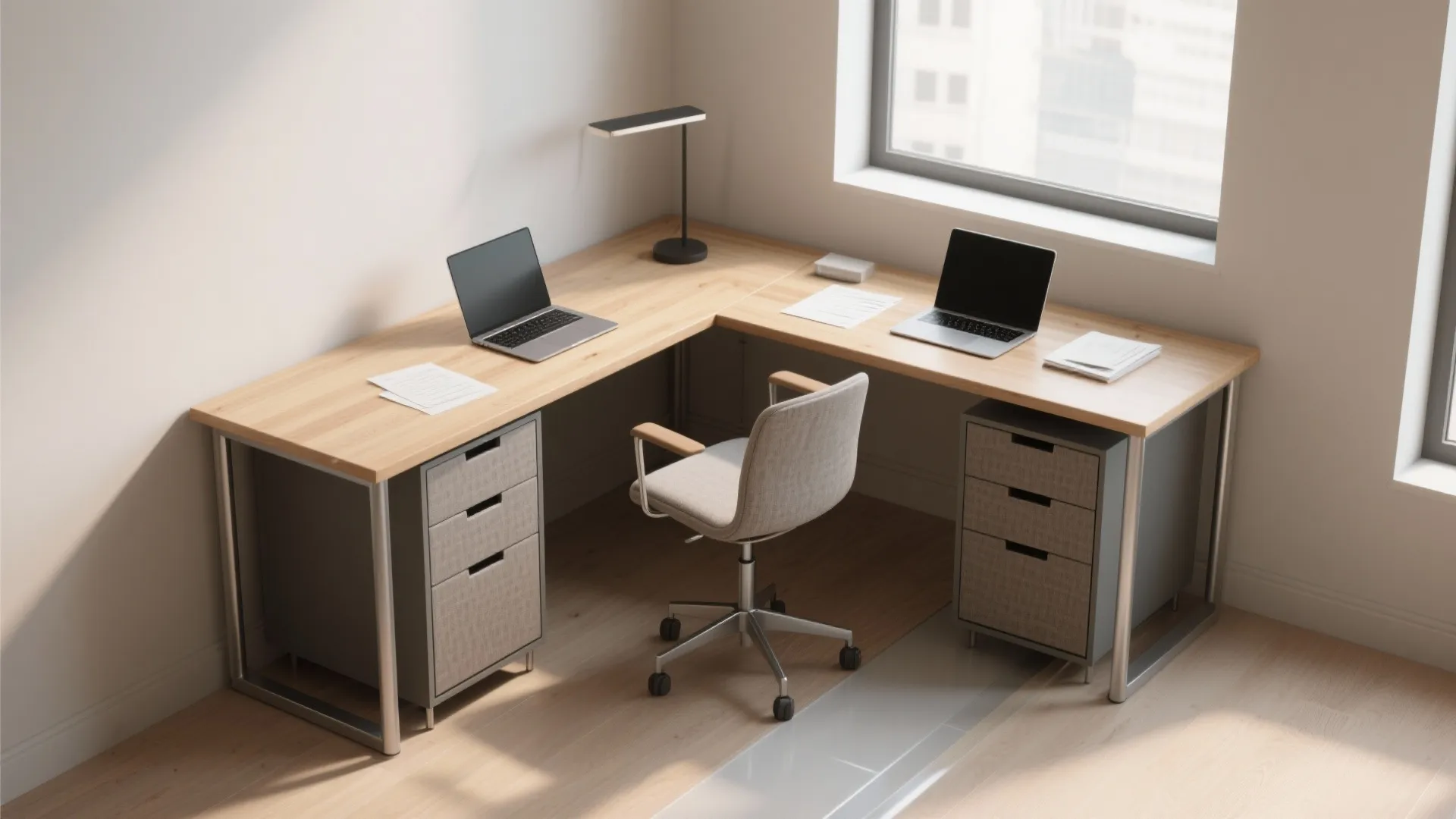 L-shaped wooden desk with two laptops, grey office chair, storage cabinets, and bright window light