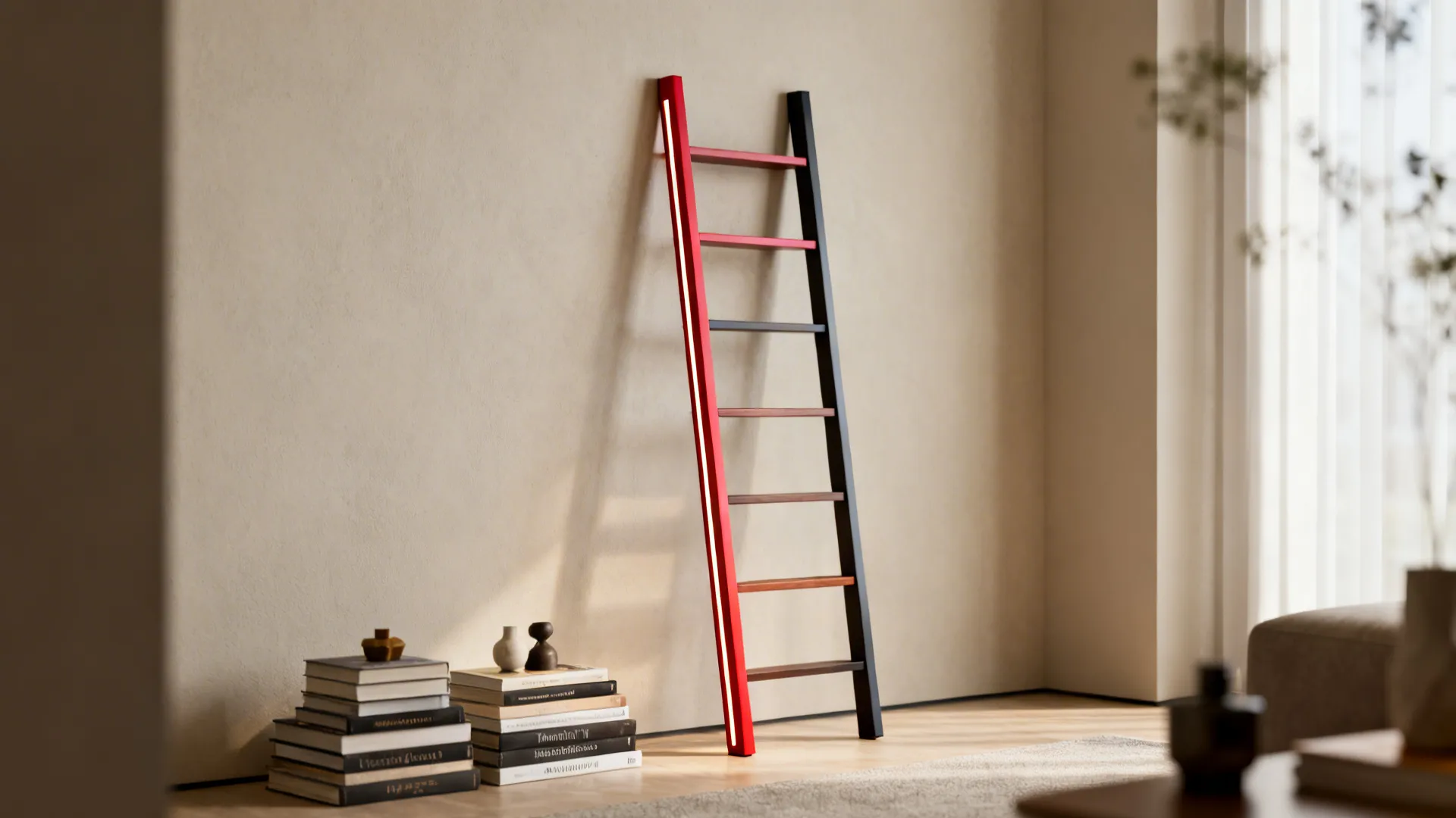 Slim leaning ladder bookshelf painted bold, holding books and decor in a compact room.