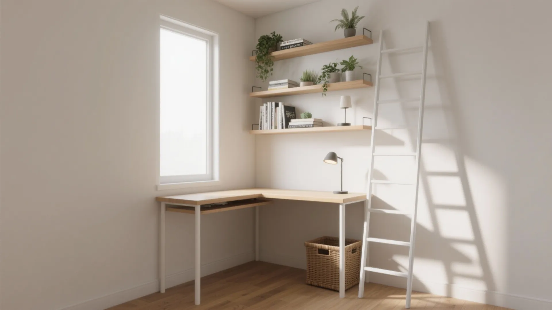 Modern corner workspace featuring wooden desk white ladder wall shelves green plants and bright window
