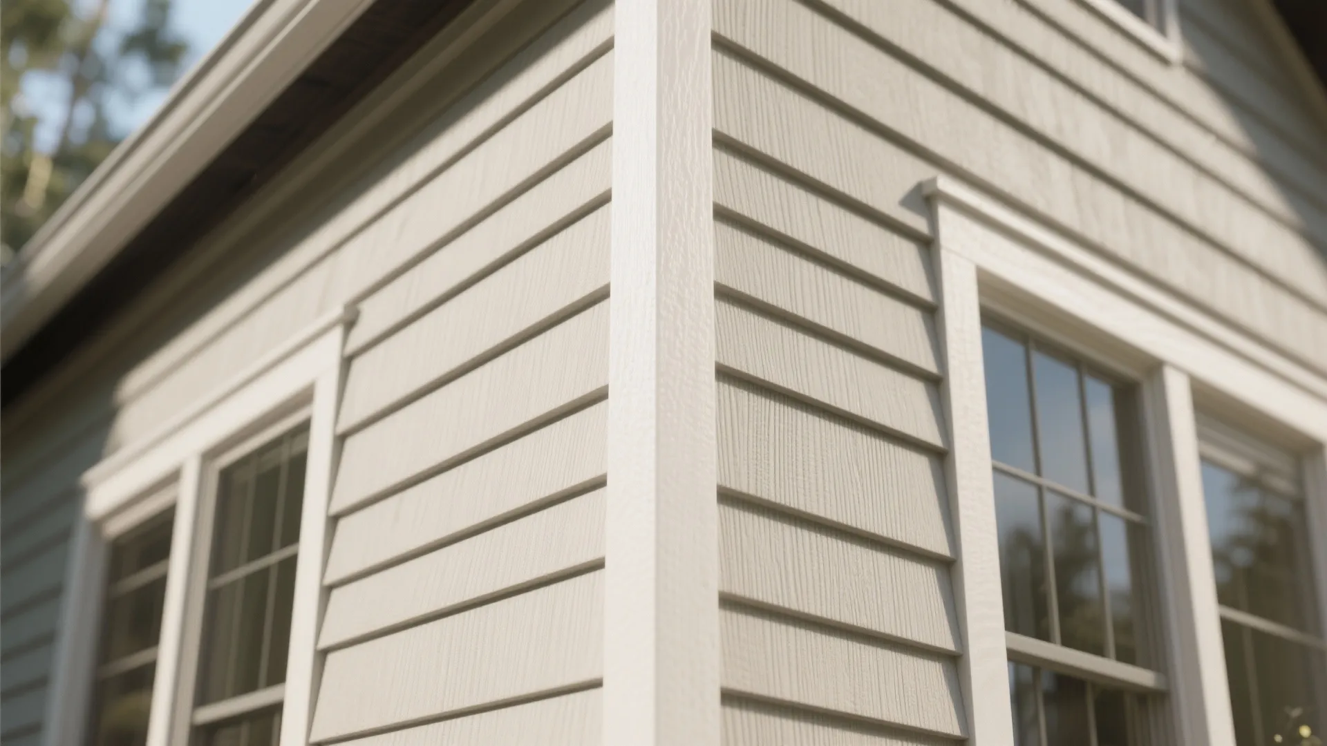 Close up of beige horizontal wall panel on a house exterior next to a window
