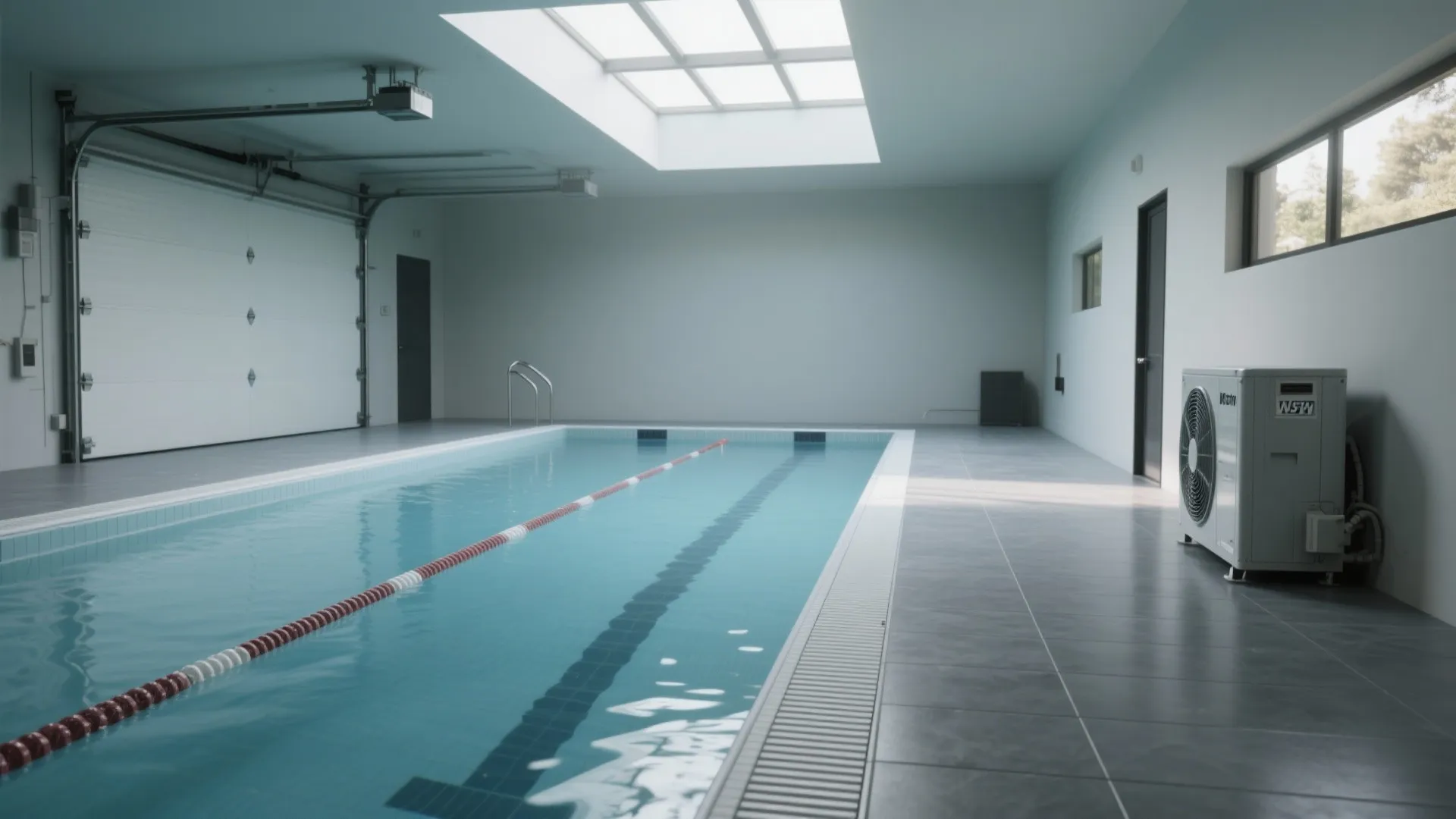 Indoor swimming pool in a garage with white walls grey floor tiles and a roof window