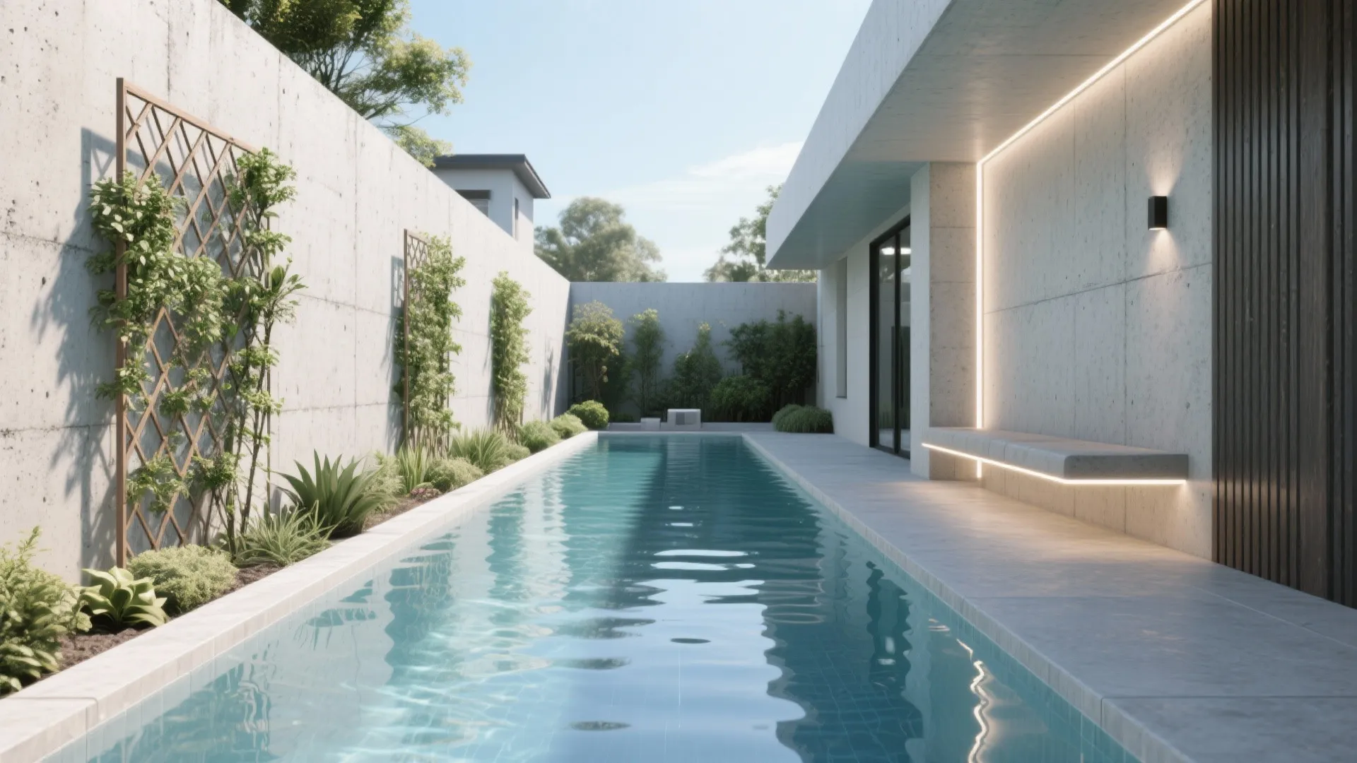 Modern outdoor narrow swimming pool with concrete walls green plants and warm light at sunny daytime