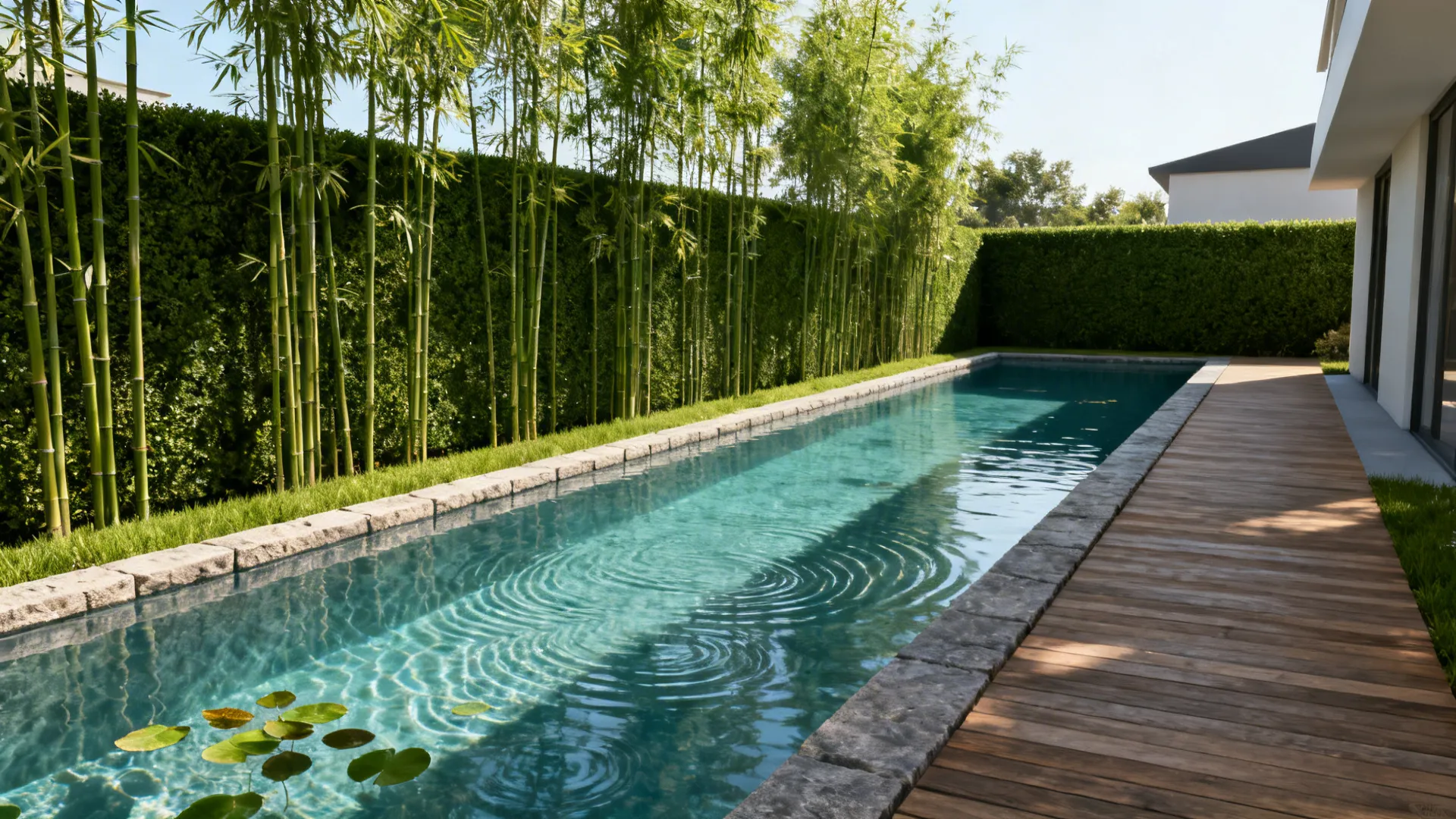 Narrow lap pool along the property edge with a thin green bamboo border for privacy.