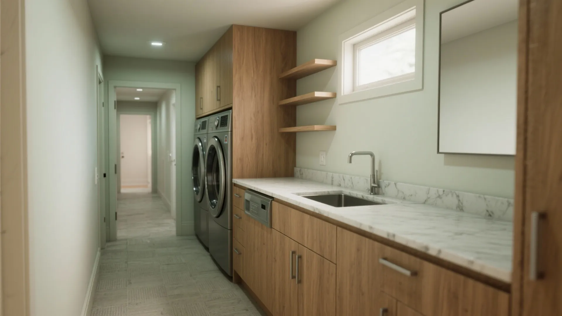 Narrow laundry room featuring wooden cabinets, washing machines, marble countertop, small sink and wall shelves