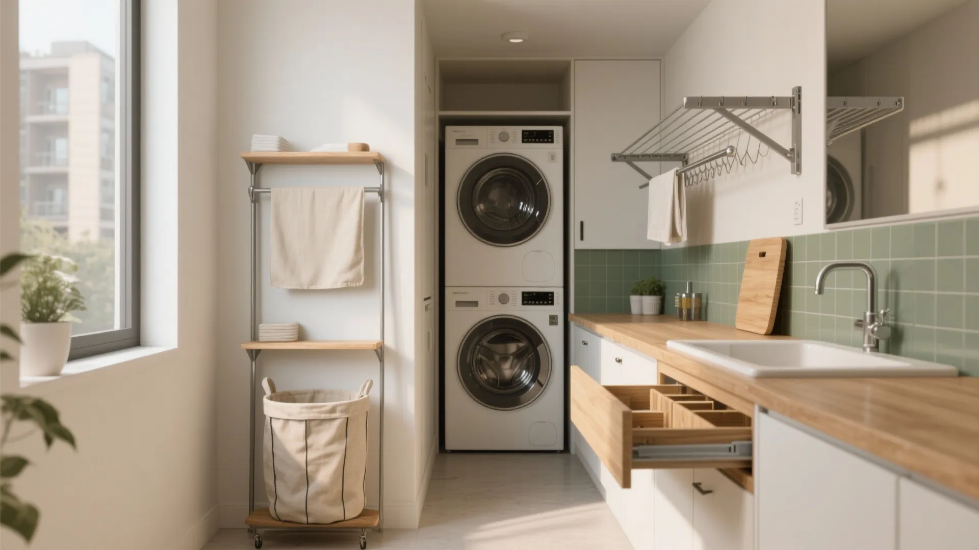 Modern laundry room with stacked washer and dryer next to wooden counter with white basin