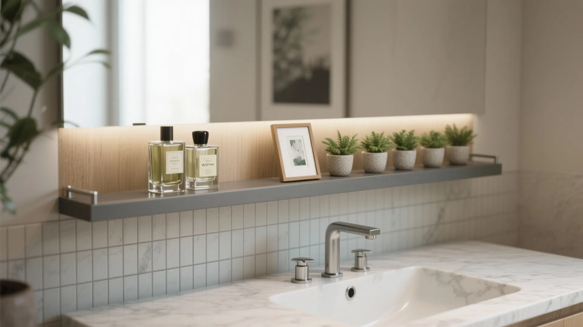 Slim floating ledge above sink holding perfume bottles, a framed print, and small plants in a modern bathroom.