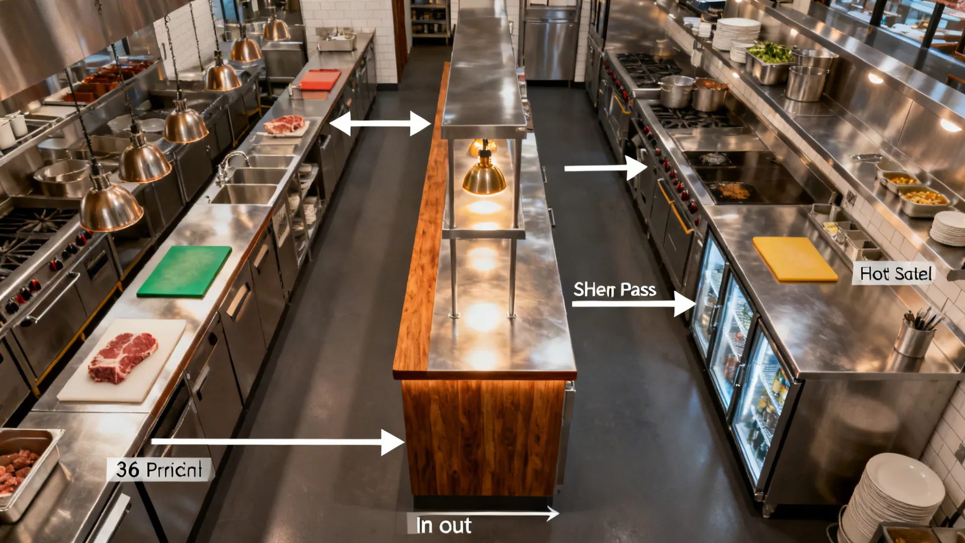 Top-down layout of a narrow kitchen showing prep to hot to pass flow with a 36-inch aisle.