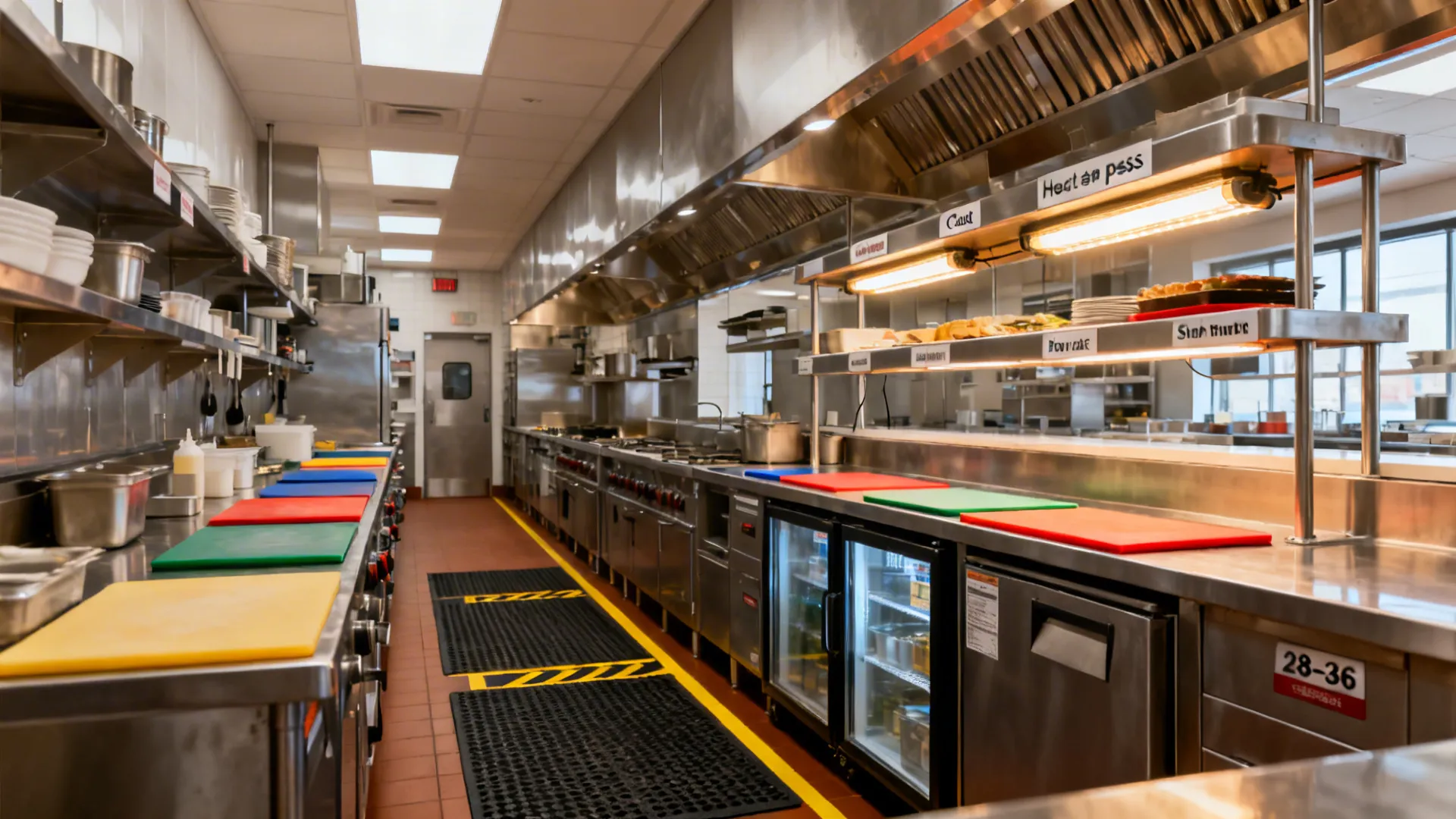 Straight galley kitchen with prep, hot, and pass zones on a narrow line with shallow pass shelf.