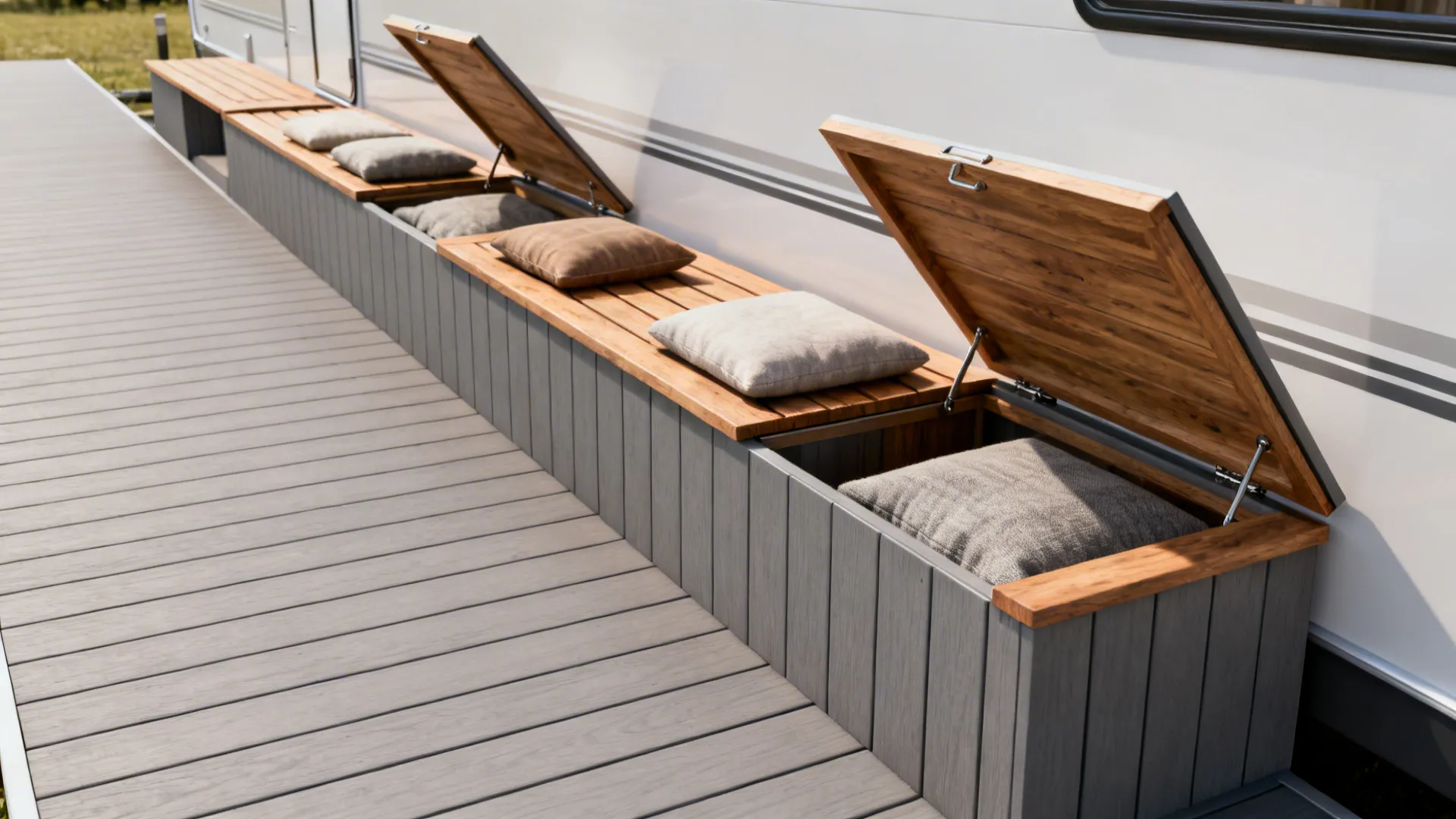 Slim linear deck with built-in hinged benches providing seating and storage next to a mobile home.