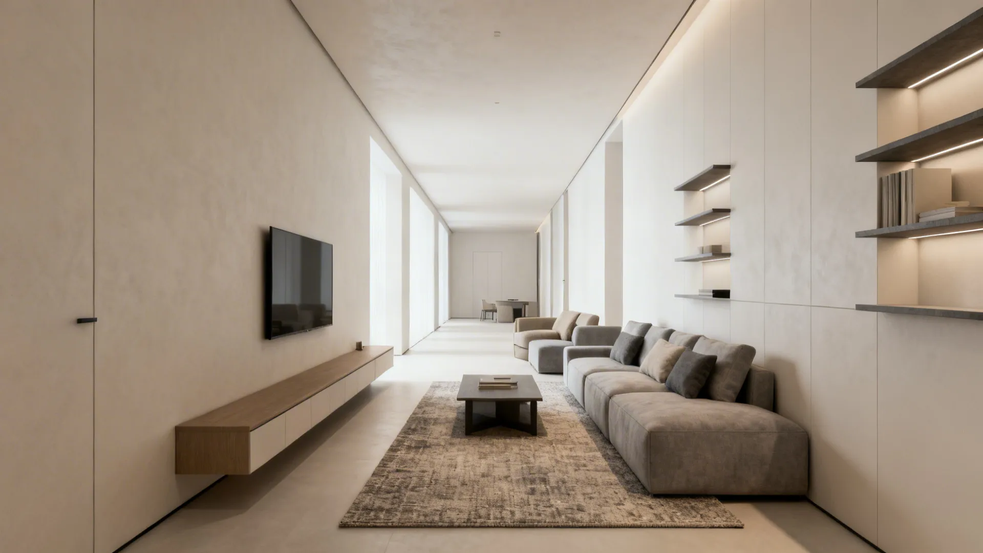 Long narrow living room with linear furniture placement and a clear central walkway.