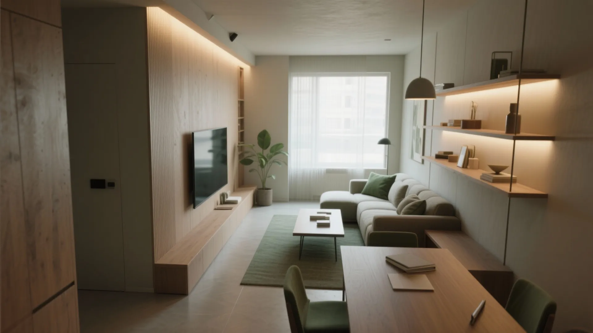 Long narrow living room with wooden wall panel tv stand green rug and small sofa